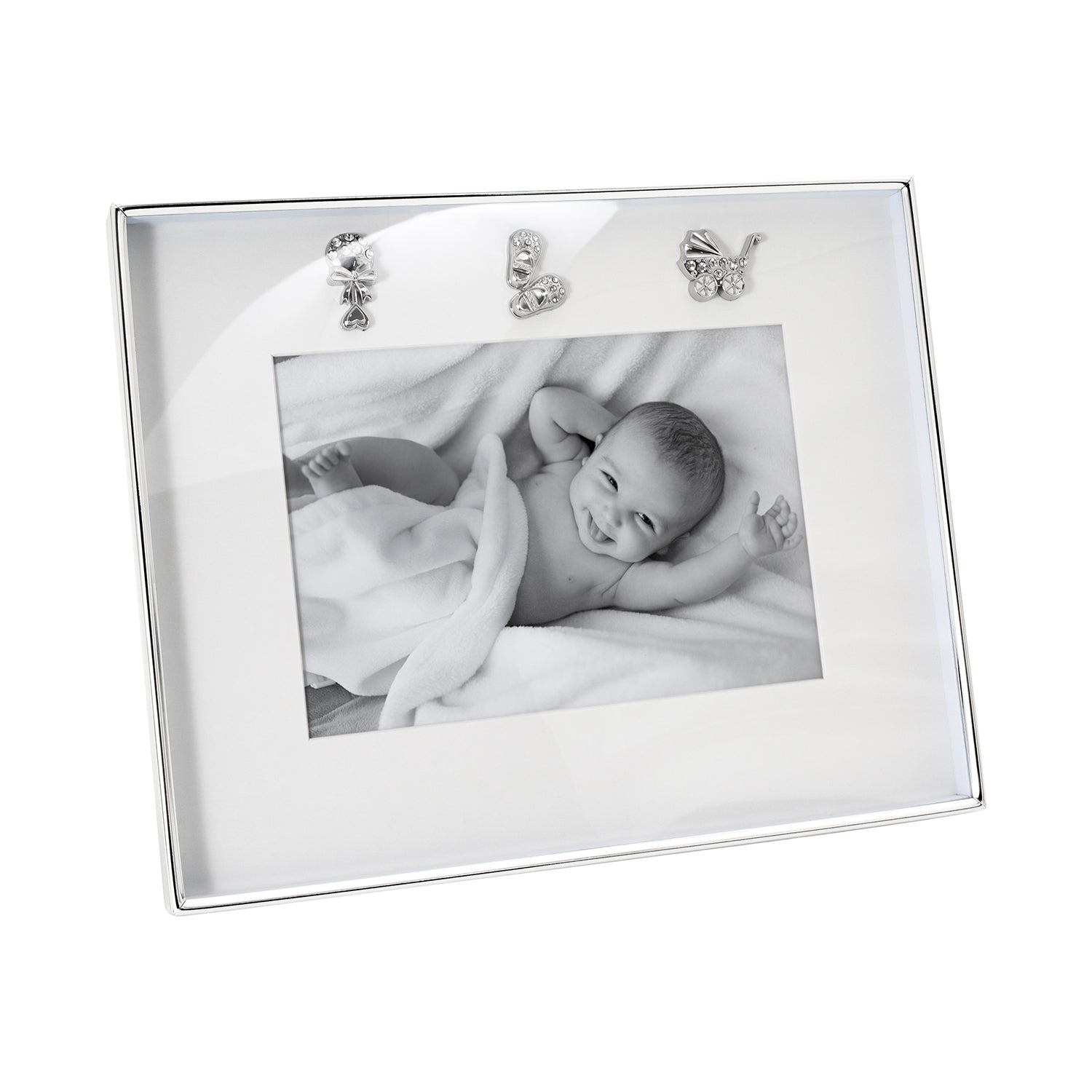 Modern Baby Picture Frame in Silver Plating with Pram Booties and Rattle Icons Image 2
