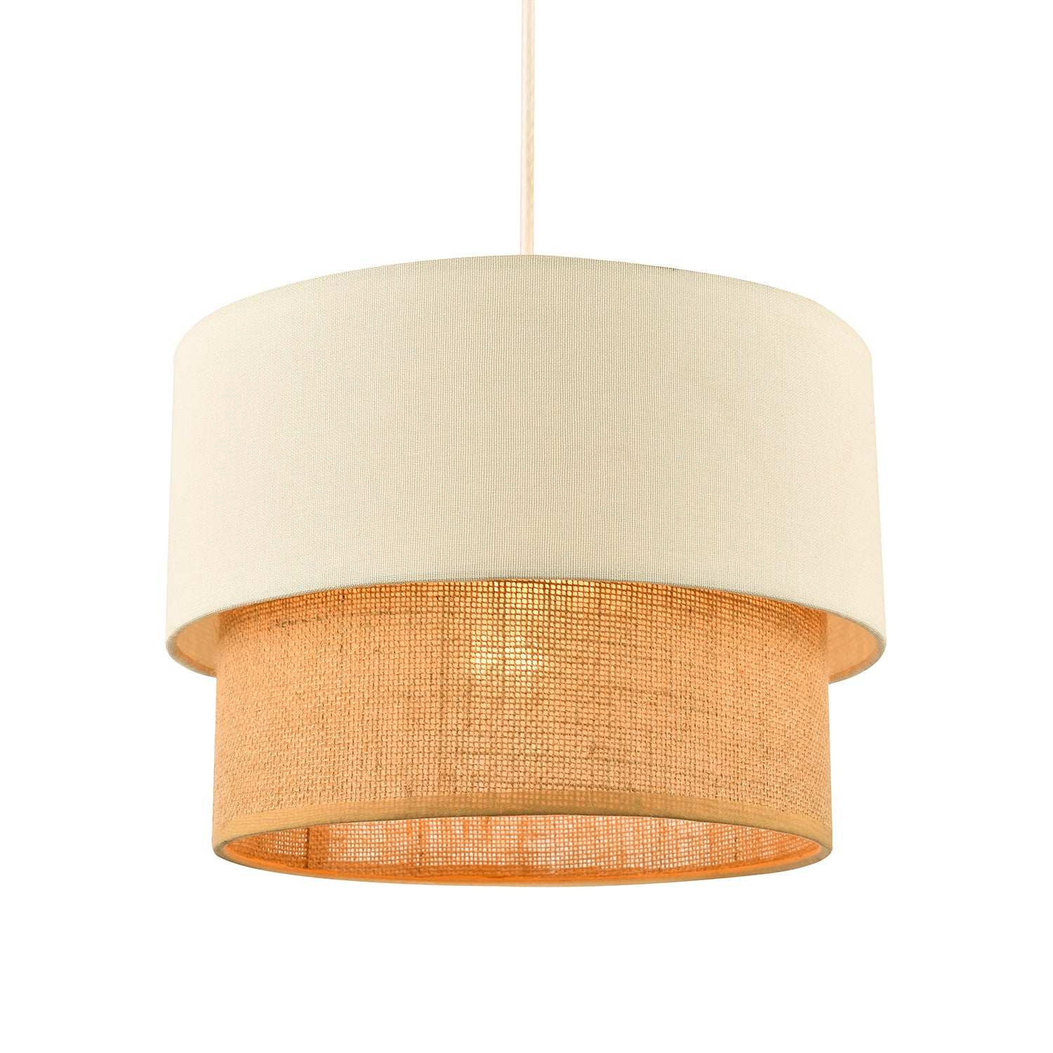 Modern Designer Two Tier Cream Linen and Natural Rattan Pendant Shade Image 2