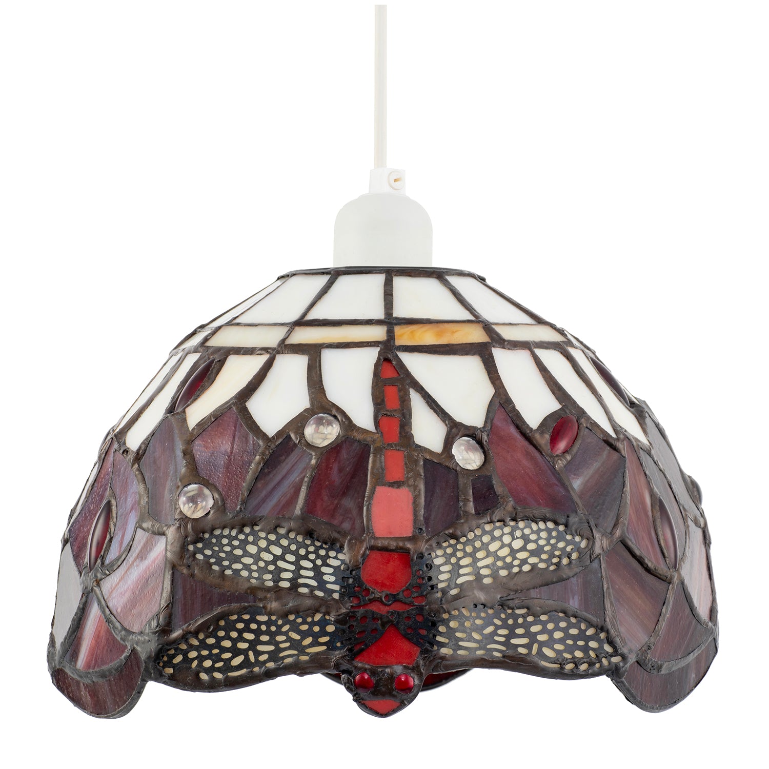 Deep Red and White Stained Glass Dragonfly Tiffany Pendant Shade Image 1