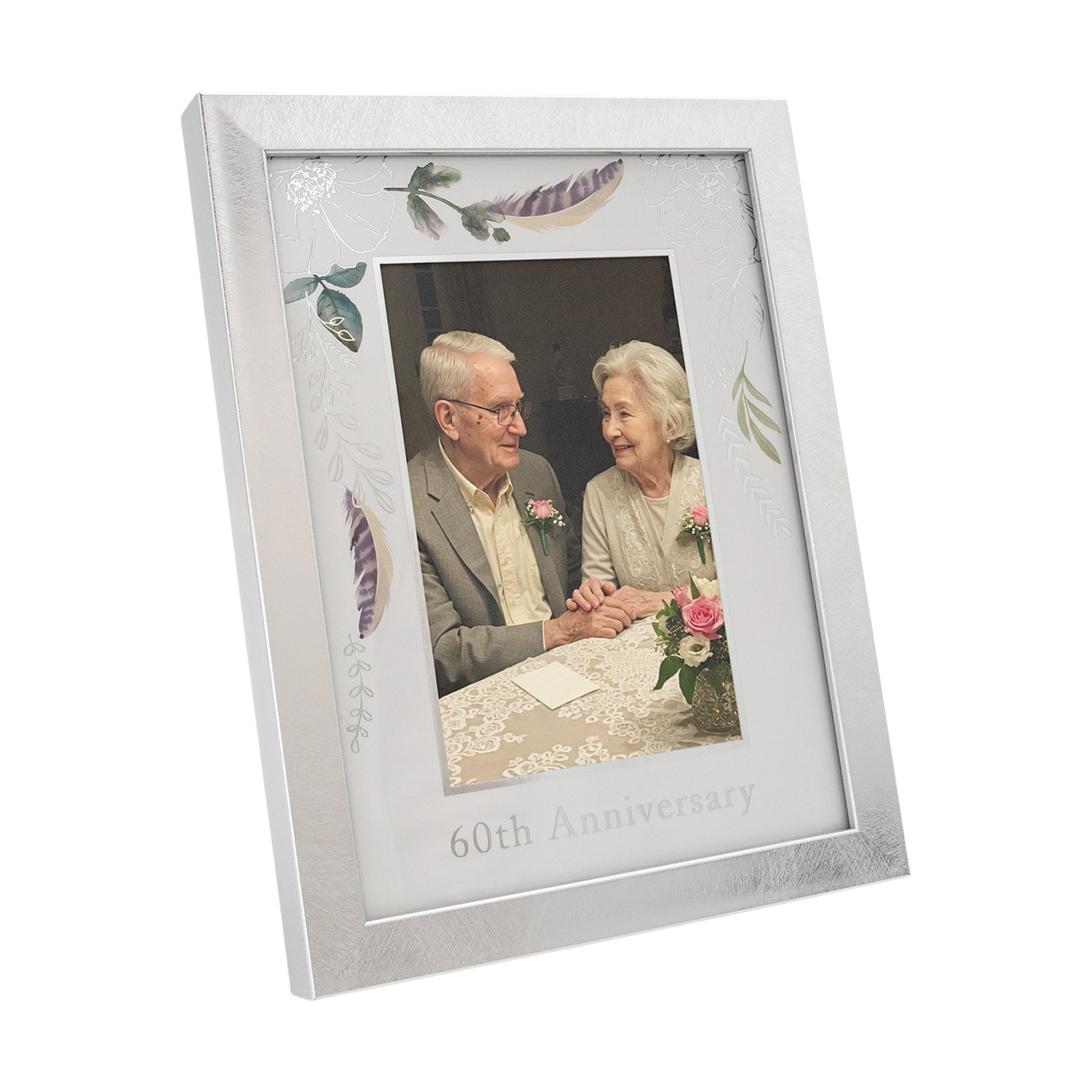 Modern 60th Anniversary 4x6 Frame in Brushed Silver with Floral Decor Image 2