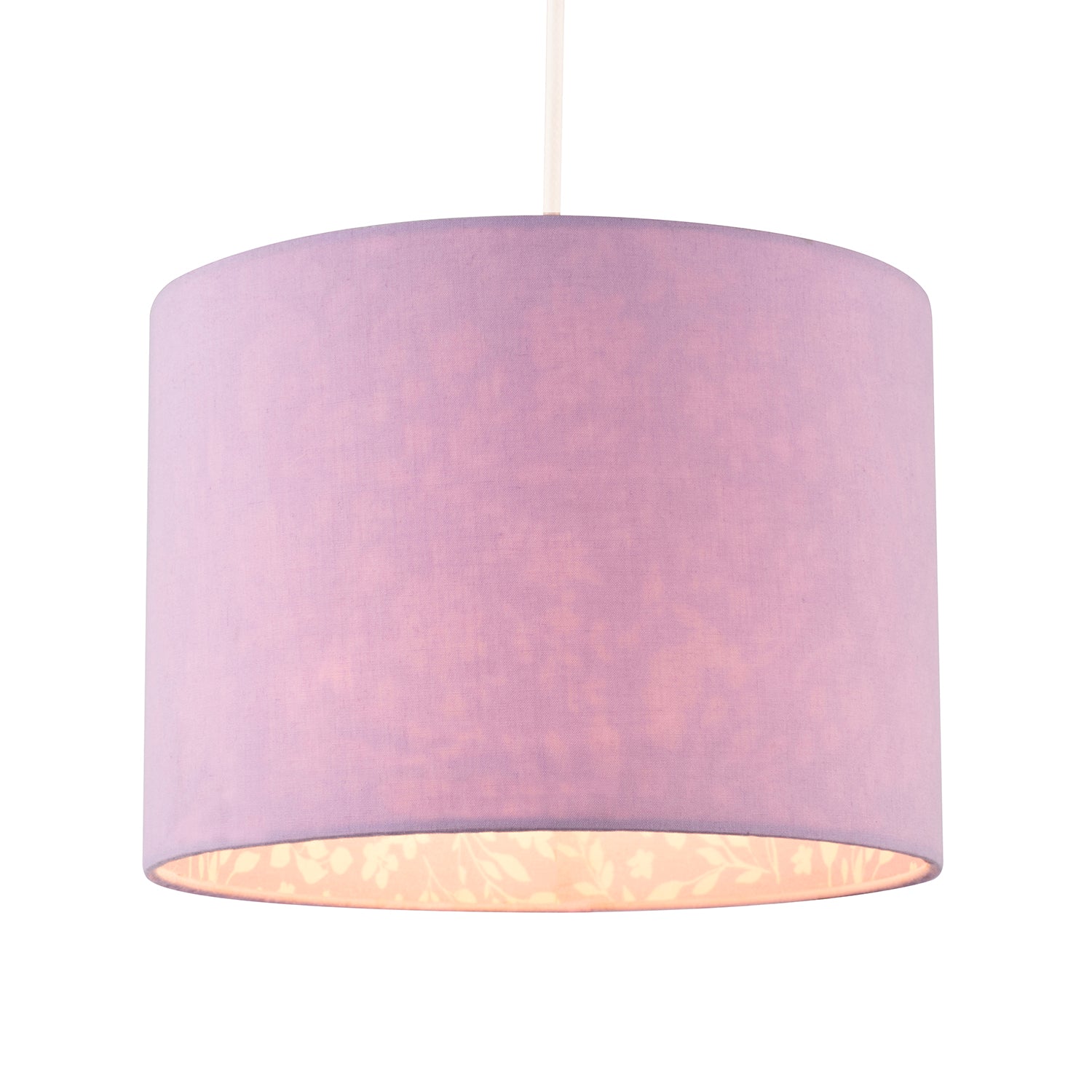 Lilac Cotton Drum Lamp Shade with Inner White Floral Pattern Lining Image 2