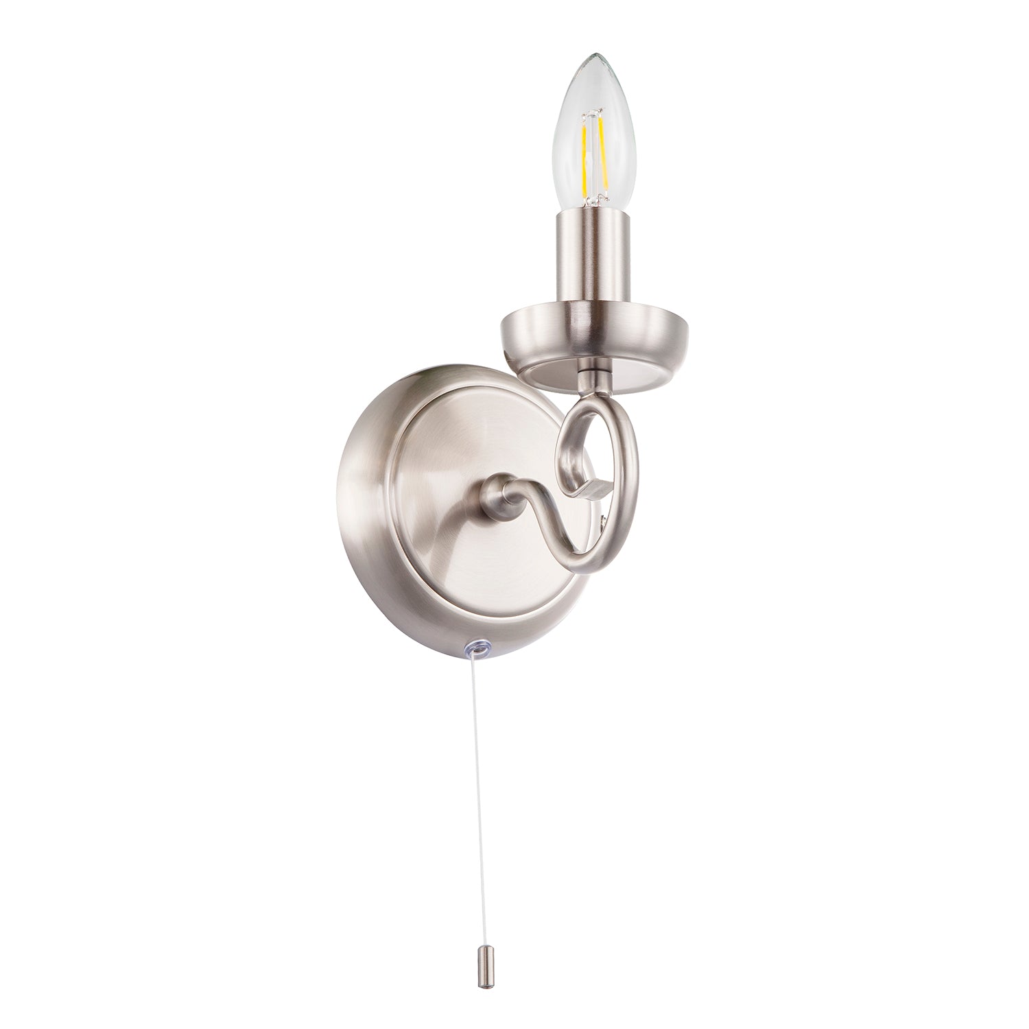 Traditional Satin Nickel Wall Light with Scroll Arm and Pull Switch Image 5