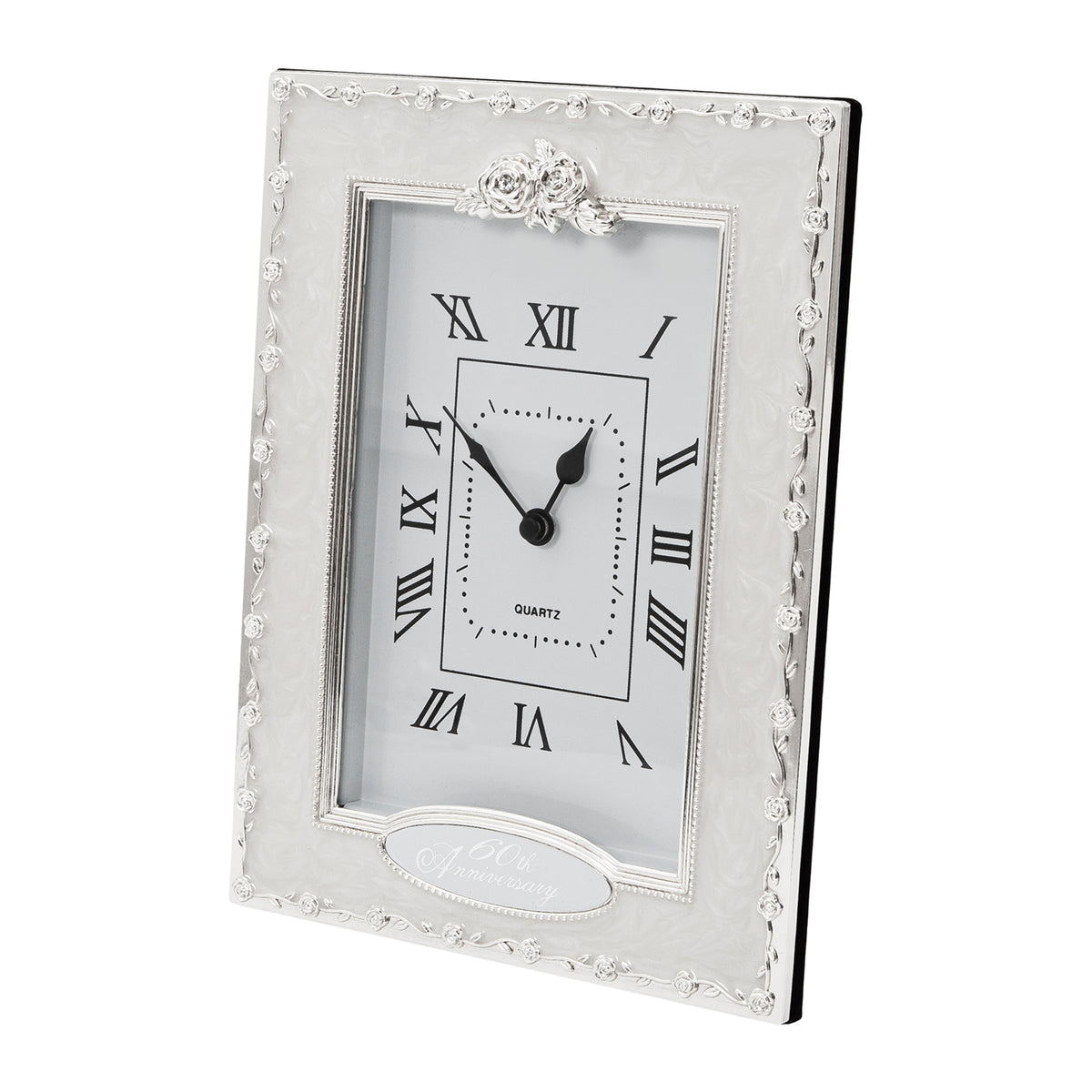 60th Anniversary Clock in White Epoxy with Silver Plated Metal Roses Image 1