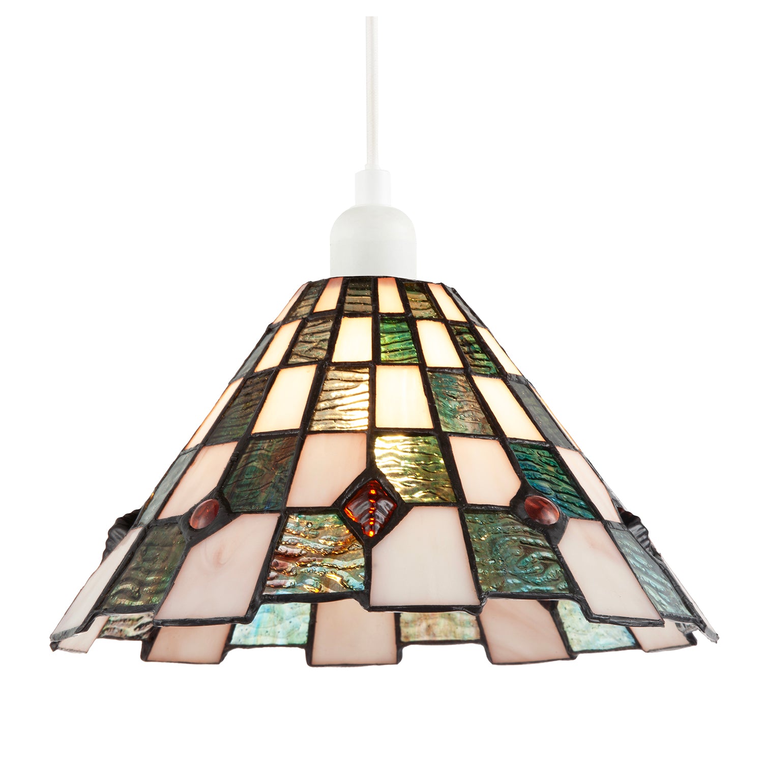 Emerald Green and Opal White Tiffany Pendant Shade with Ruby Red Beads Image 2