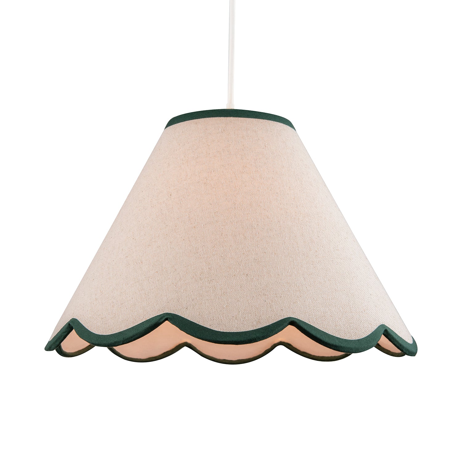 Scallop Edge Natural Textured Linen Coolie Lamp Shade with Green Trims Image 2