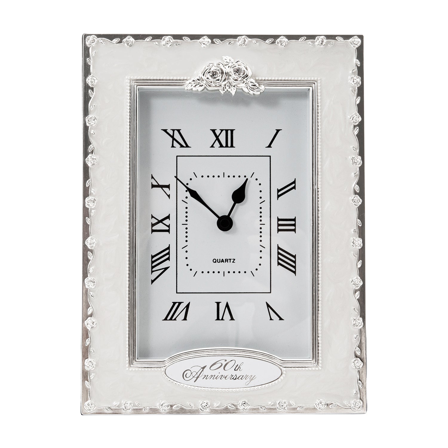 60th Anniversary Clock in White Epoxy with Silver Plated Metal Roses Image 3