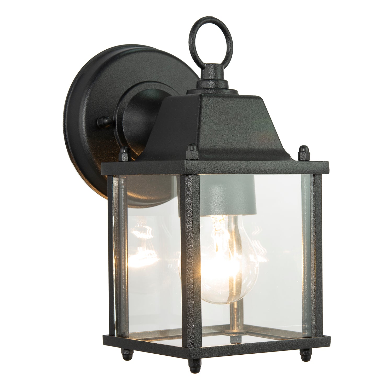 Contemporary Exterior Lantern Wall Light Fitting in Black with Clear Glass Sides Image 1