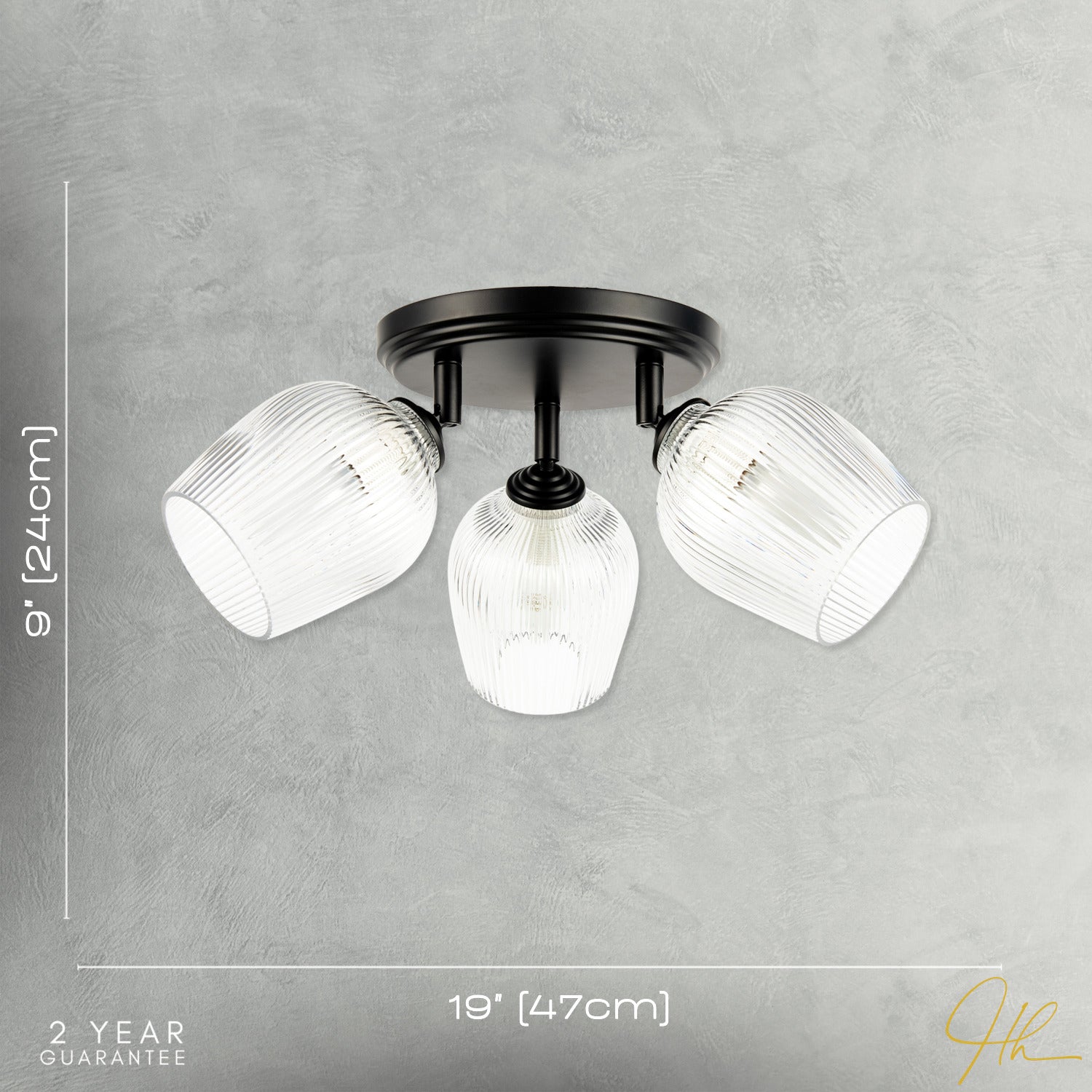 Matte Black Triple Spot Ceiling Light with Clear Ribbed Glass Shades Image 7