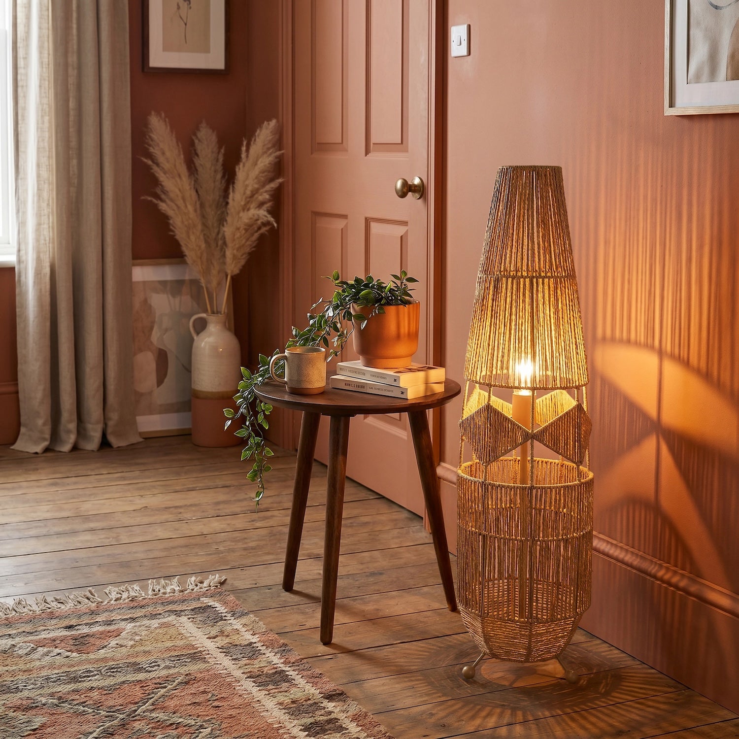 Moroccan Designed Floor Lamp in Vintage Twisted Paper and Metal Frame Image 6