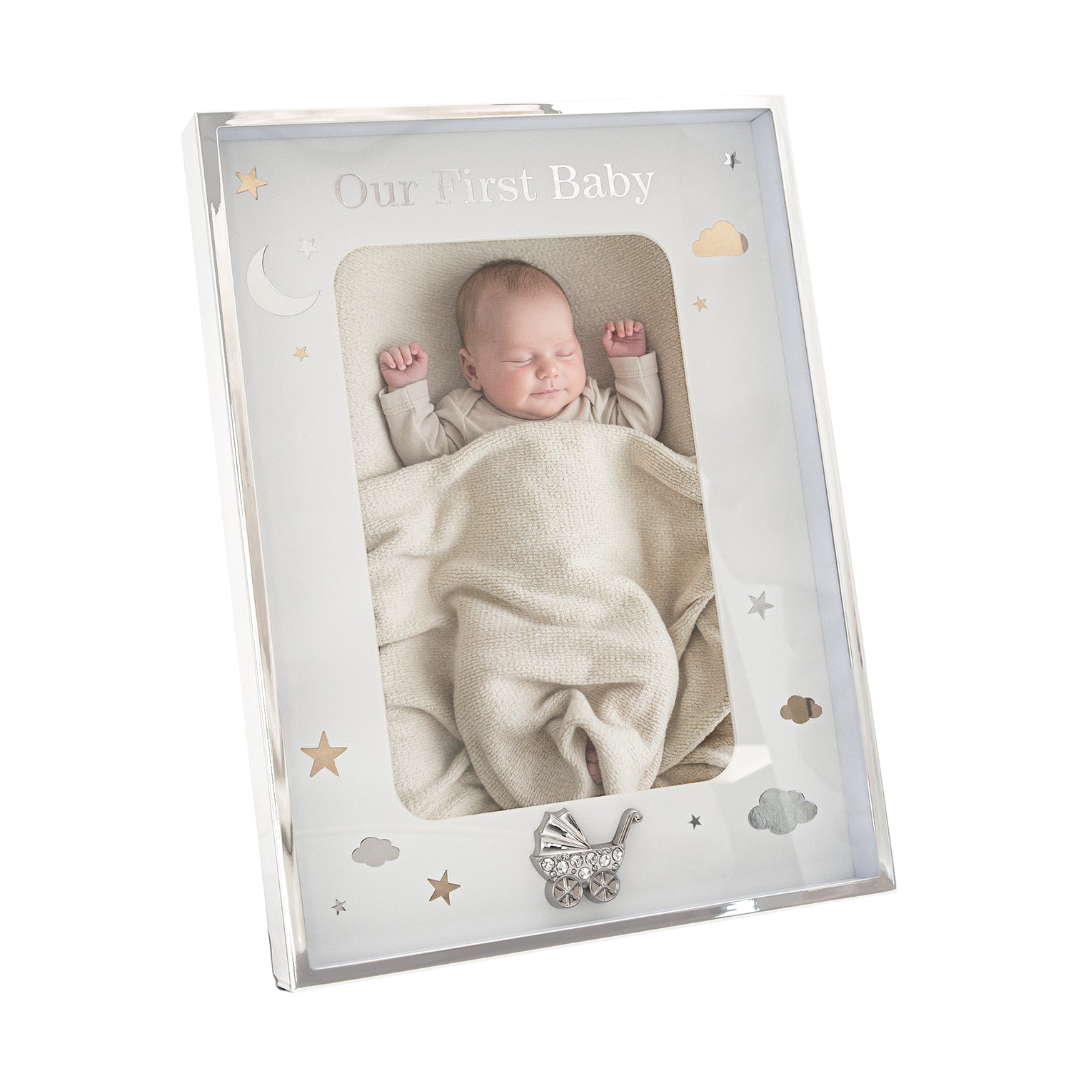 First Baby Silver Plated Frame with Gold and Silver Stars and Clouds Image 2