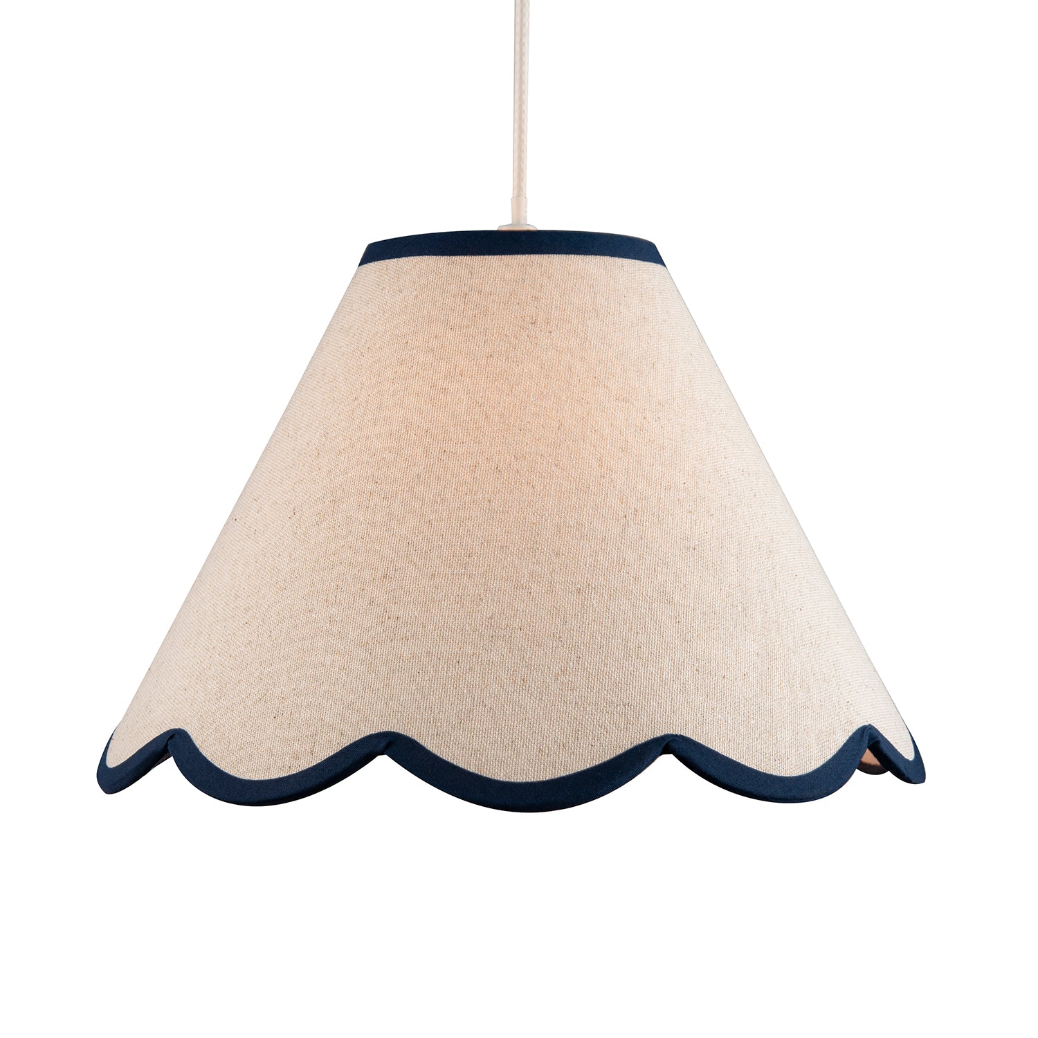 Scallop Edge Natural Textured Linen Coolie Lamp Shade with Navy Trims Image 2