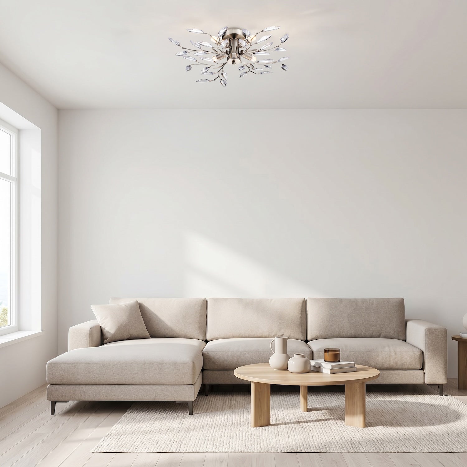 Modern Birch 4 Light Semi Flush Satin Chrome Ceiling Light with Clear Leaves Image 6