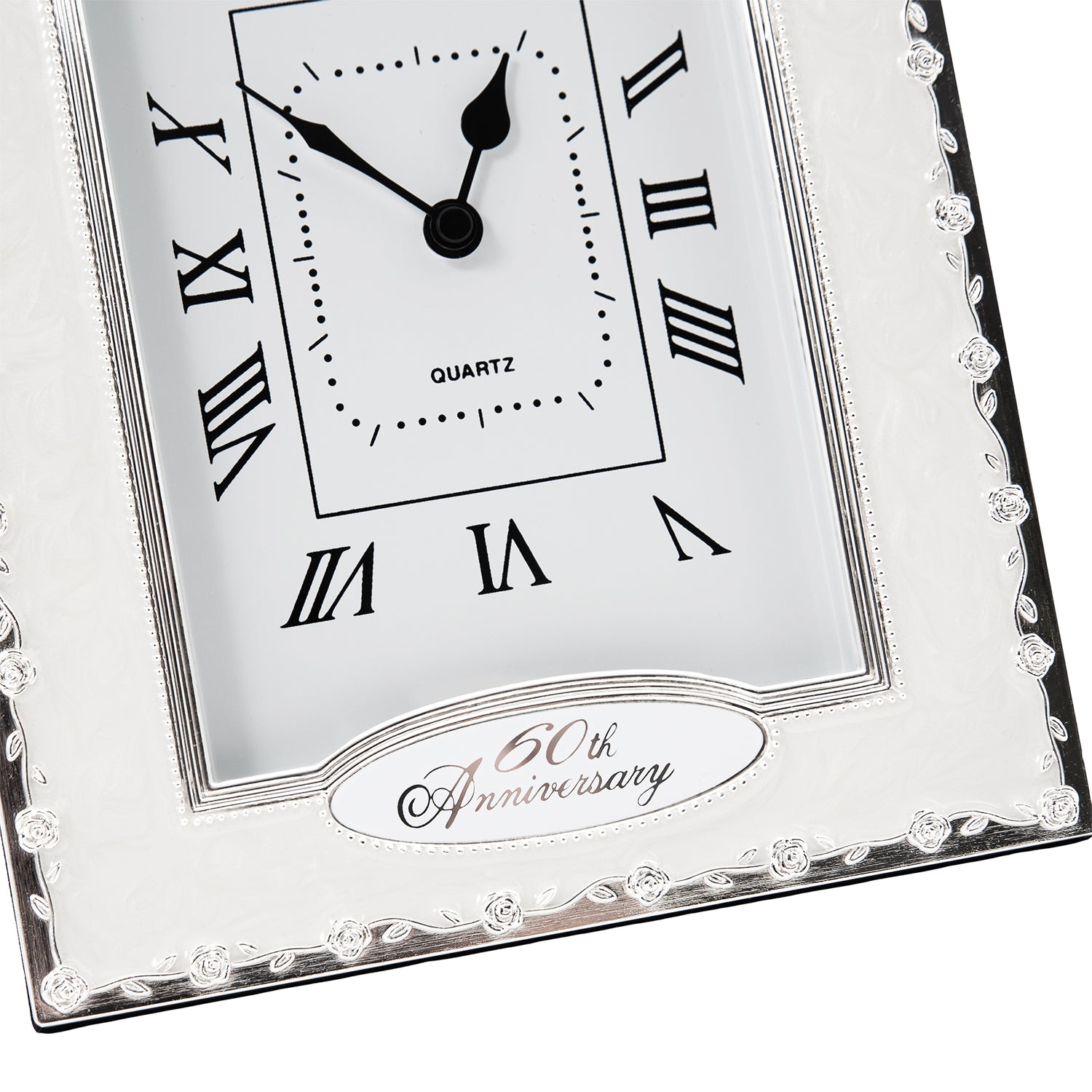60th Anniversary Clock in White Epoxy with Silver Plated Metal Roses Image 4