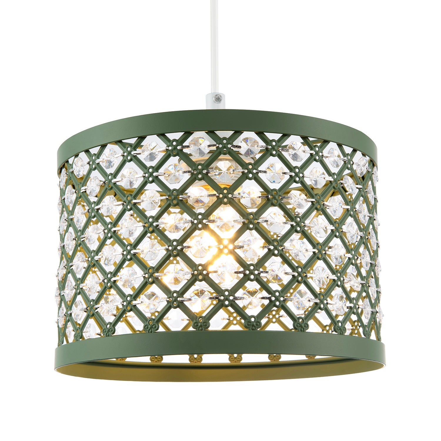 Modern Ornate Olive Green Metal Pendant Shade with Clear Acrylic Beads Image 2