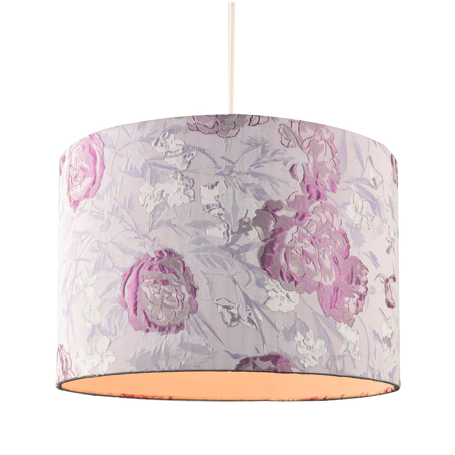 Modern Lilac Floral Textured Jacquard Drum Lamp Shade with Pink Roses Image 2
