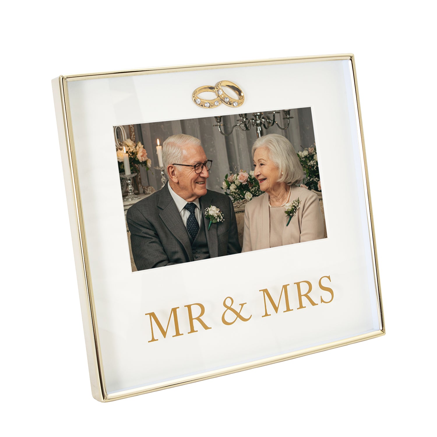 Modern Shiny Gold Mr and Mrs Square Picture Frame with Double Diamante Rings Image 2