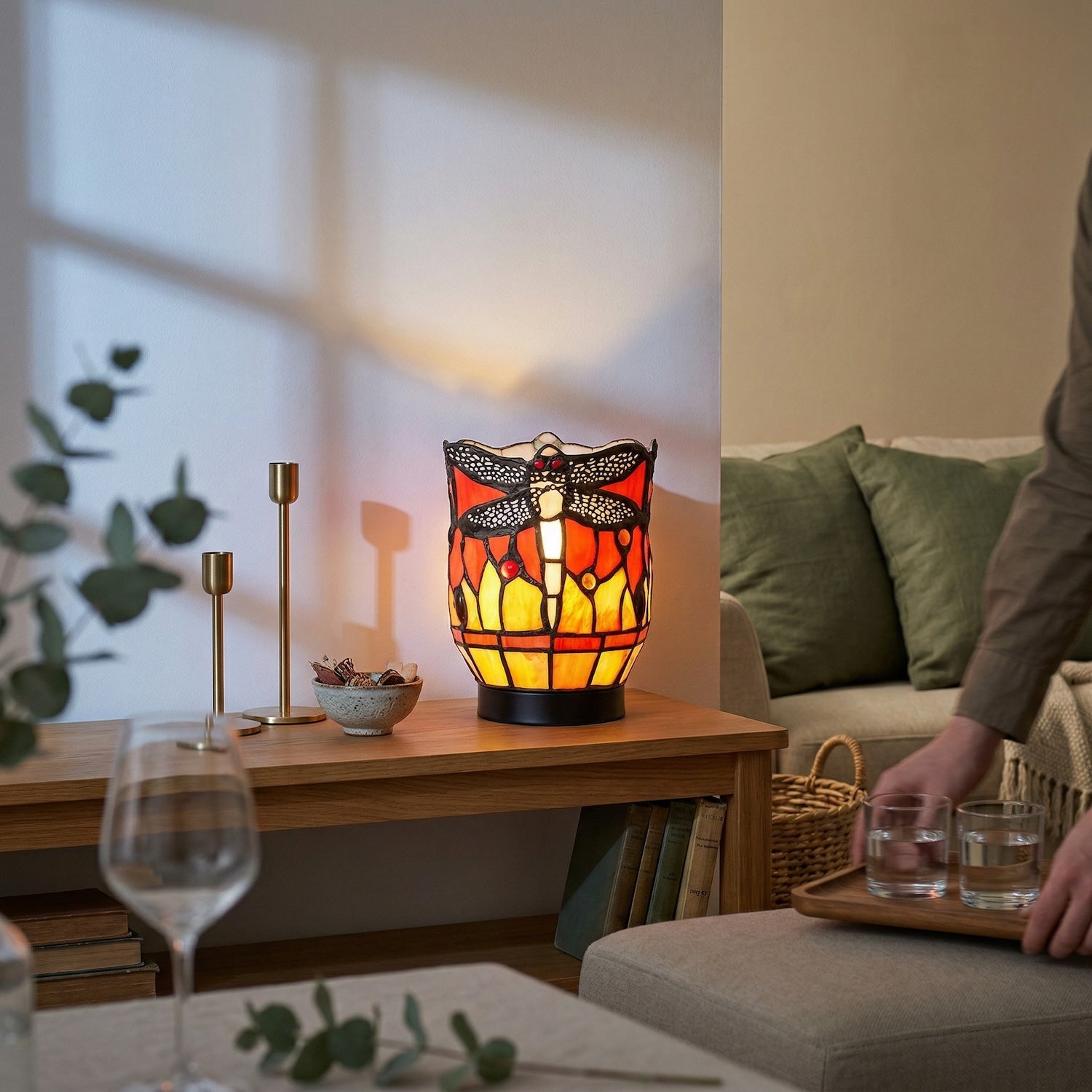 Classic Dragonfly Tiffany Uplighter Lamp in Orange and Toned Amber Image 6