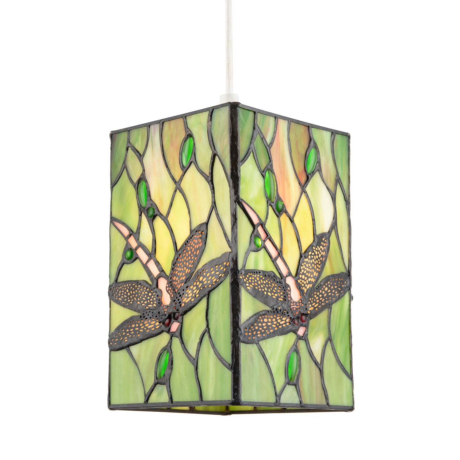 Green Stained Glass Dragonfly Rectangular Tiffany Pendant Light Shade Image 2