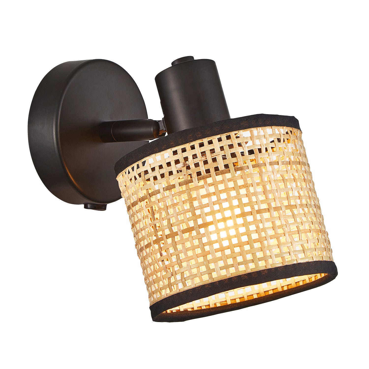 Natural Woven Rattan Switched Wall Light Fitting with Black Cotton Fabric Trim Image 1