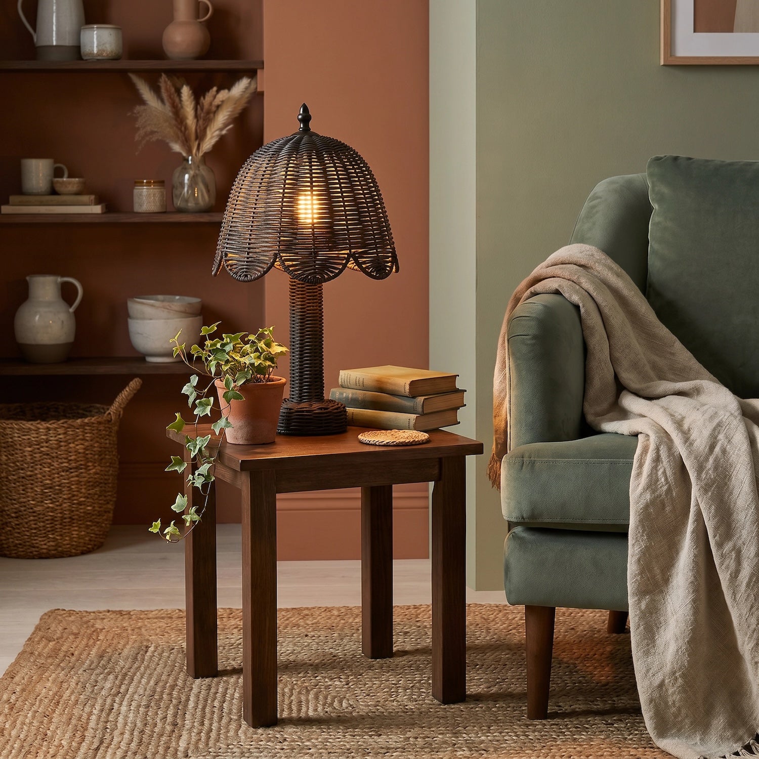 Washed Black Woven Rattan Table Lamp with Scallop Shade and Switch Image 6