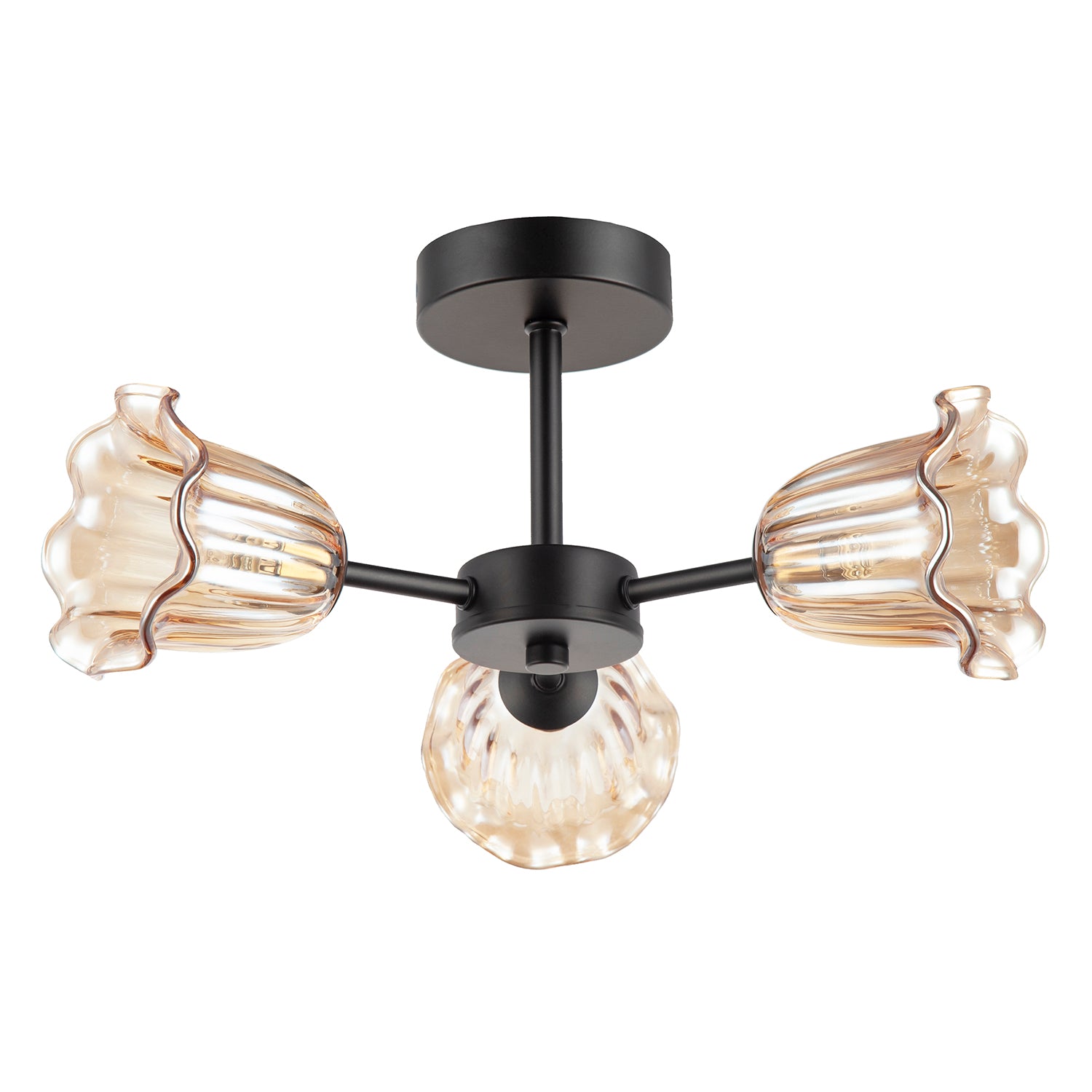 Designer Matte Black Ceiling Light with Amber Floral Glass Shades Image 1