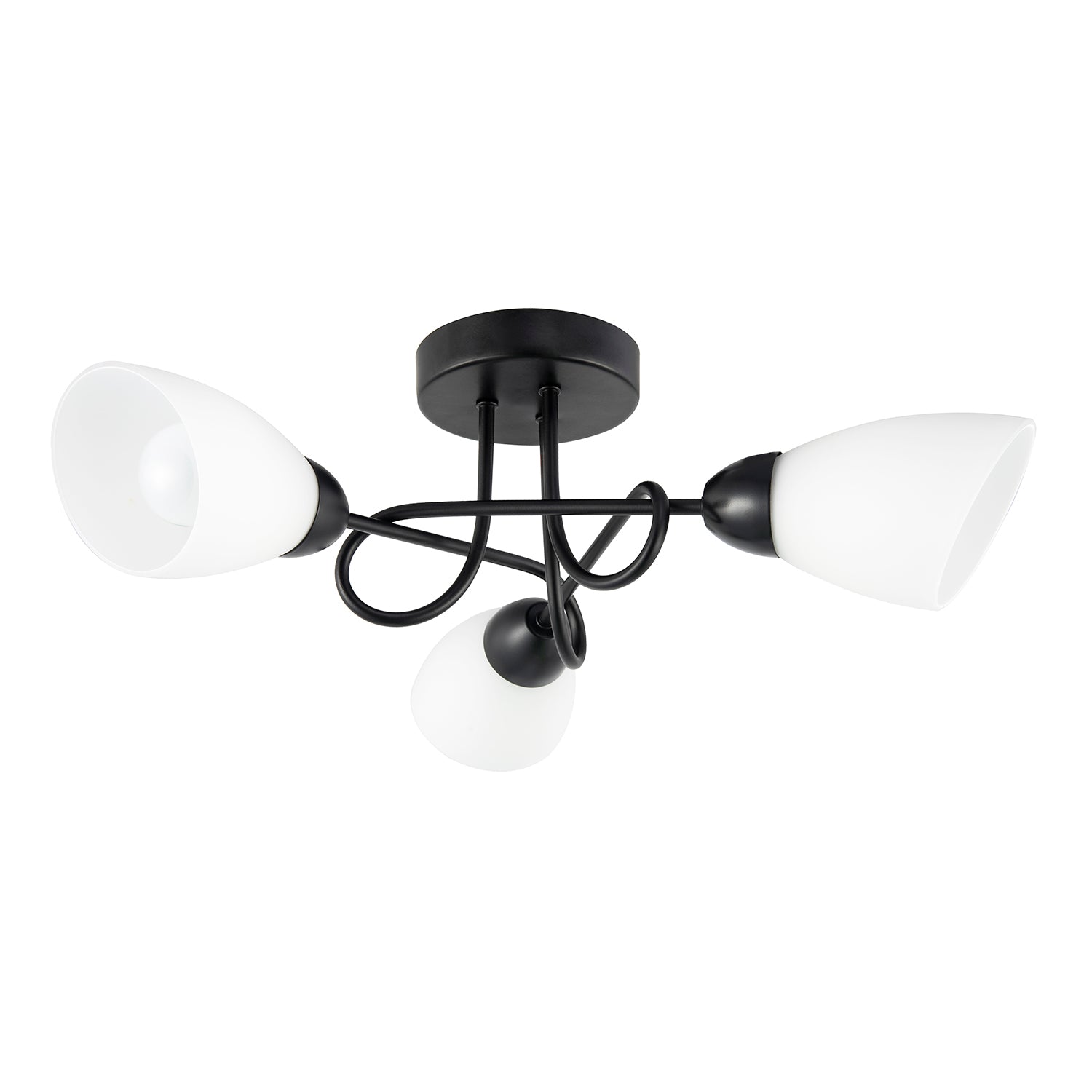 Modern Matte Black Ceiling Light Fitting with Curling Arms and Opal Glass Shades Image 2
