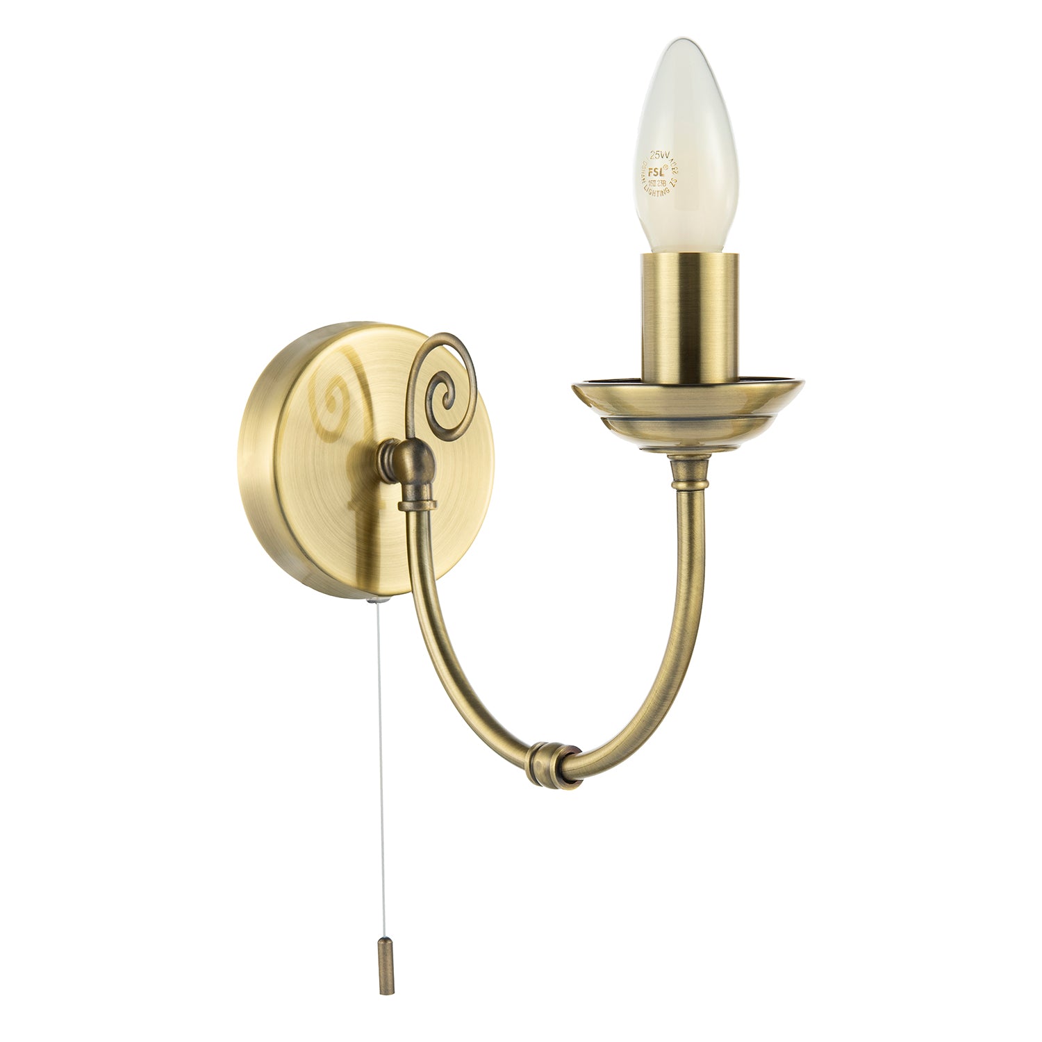 Traditional Classic Antique Brass Wall Light with Spiral Finial and Looping Arm Image 1