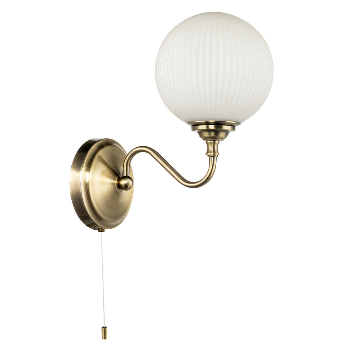 Switched Classic Antique Brass Wall Lamp with Opal White Ribbed Glass Image 1