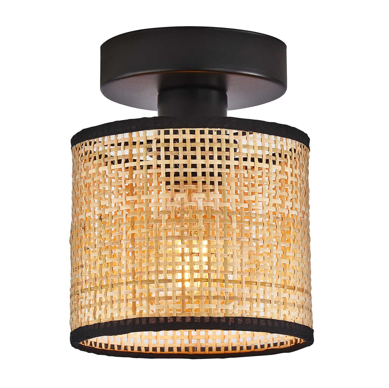 Natural Woven Rattan Ceiling Light Fitting with Black Cotton Fabric Trim Image 1
