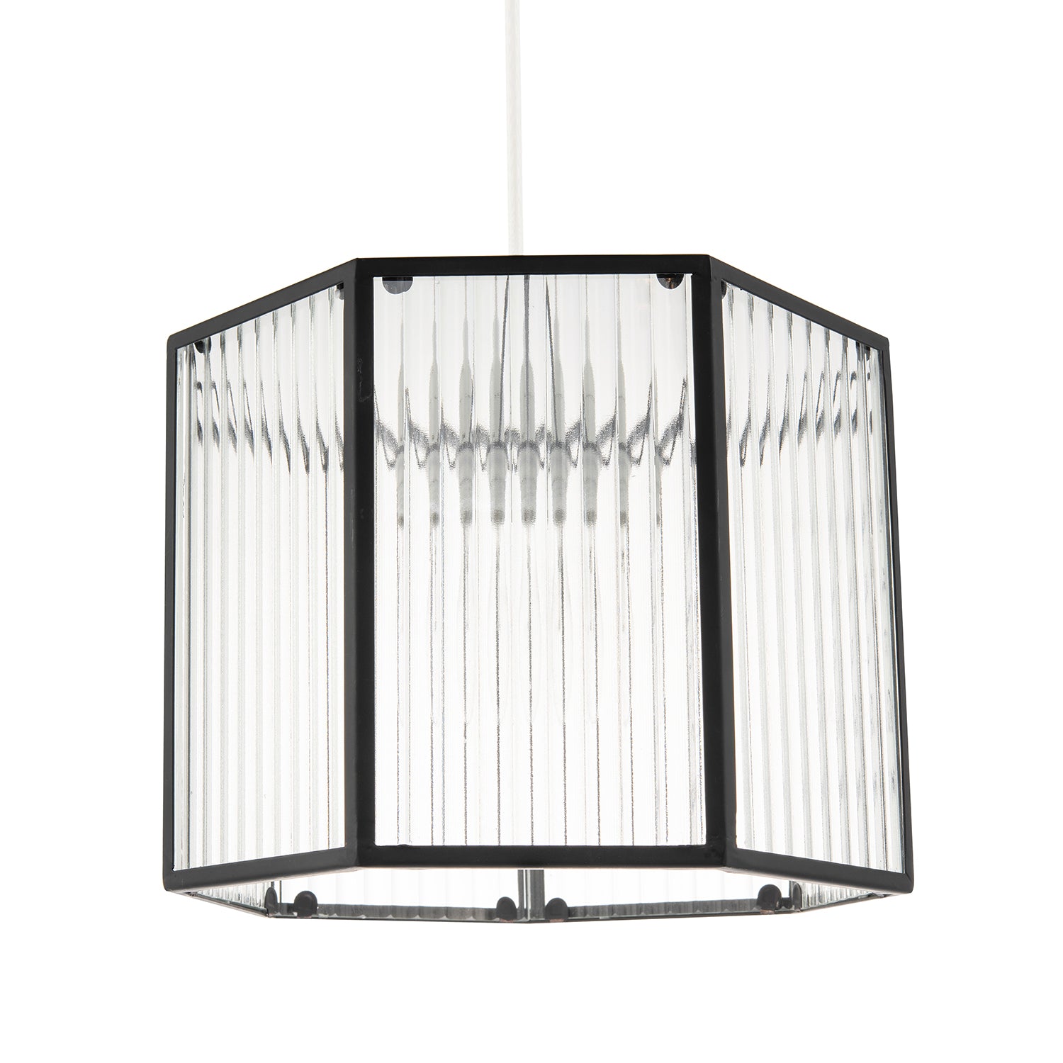 Vintage Industrial Lantern Pendant Shade in Black with Ribbed Glass Image 1