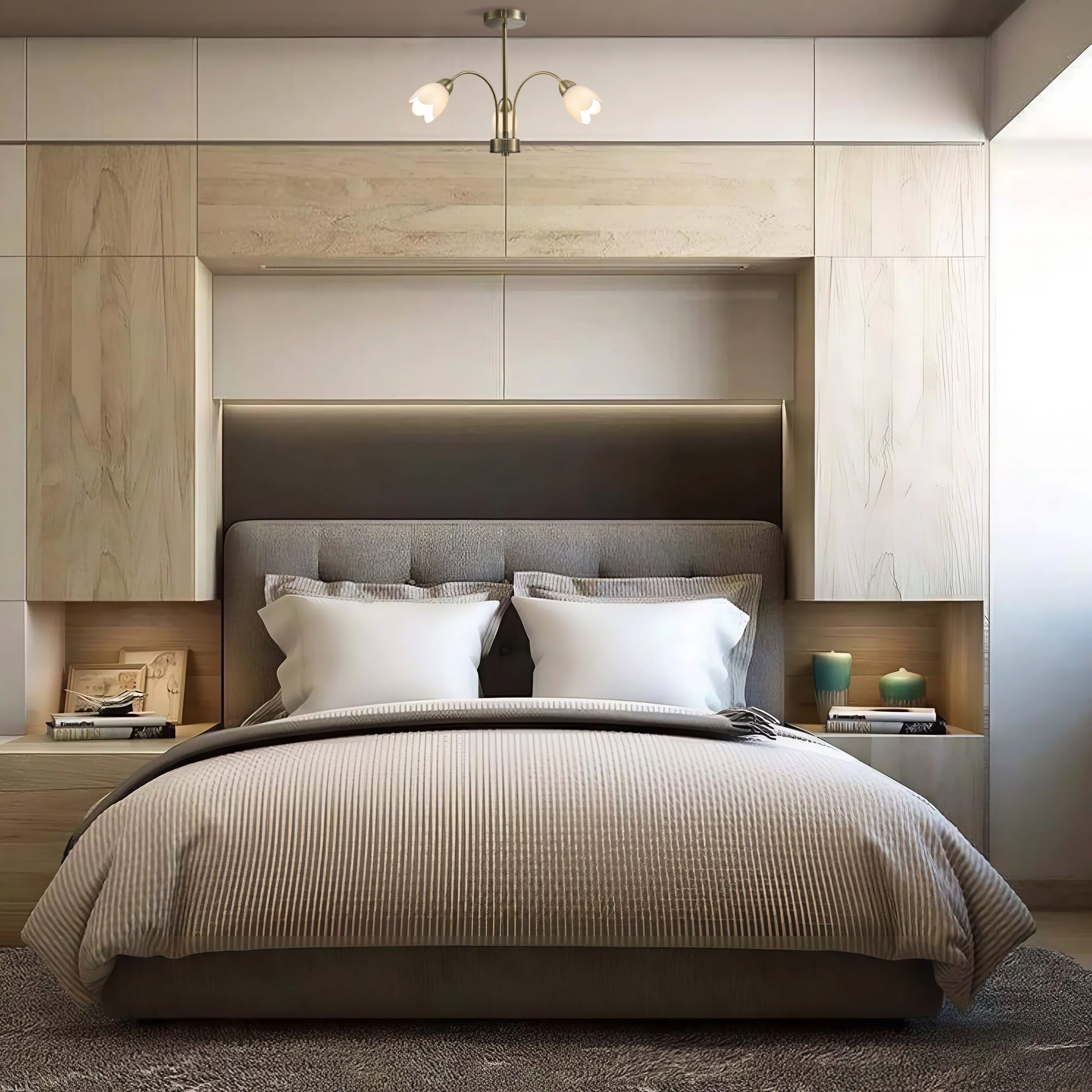 Contemporary Ceiling Lamp Fitting in Antique Brass with Opal Petal Glass Shades Image 7