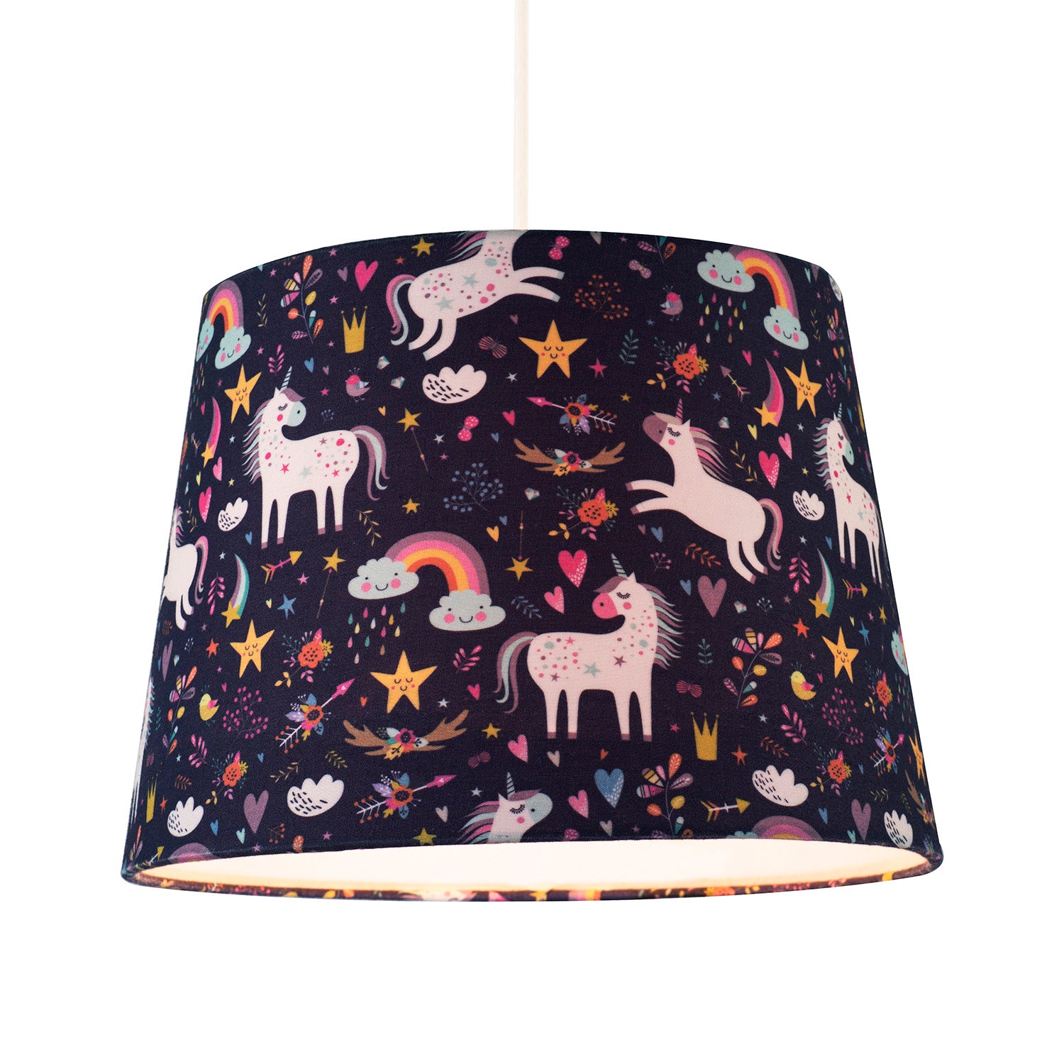 Unicorn Themed Childrens Lampshade with Rainbows and Colourful Flowers Image 2
