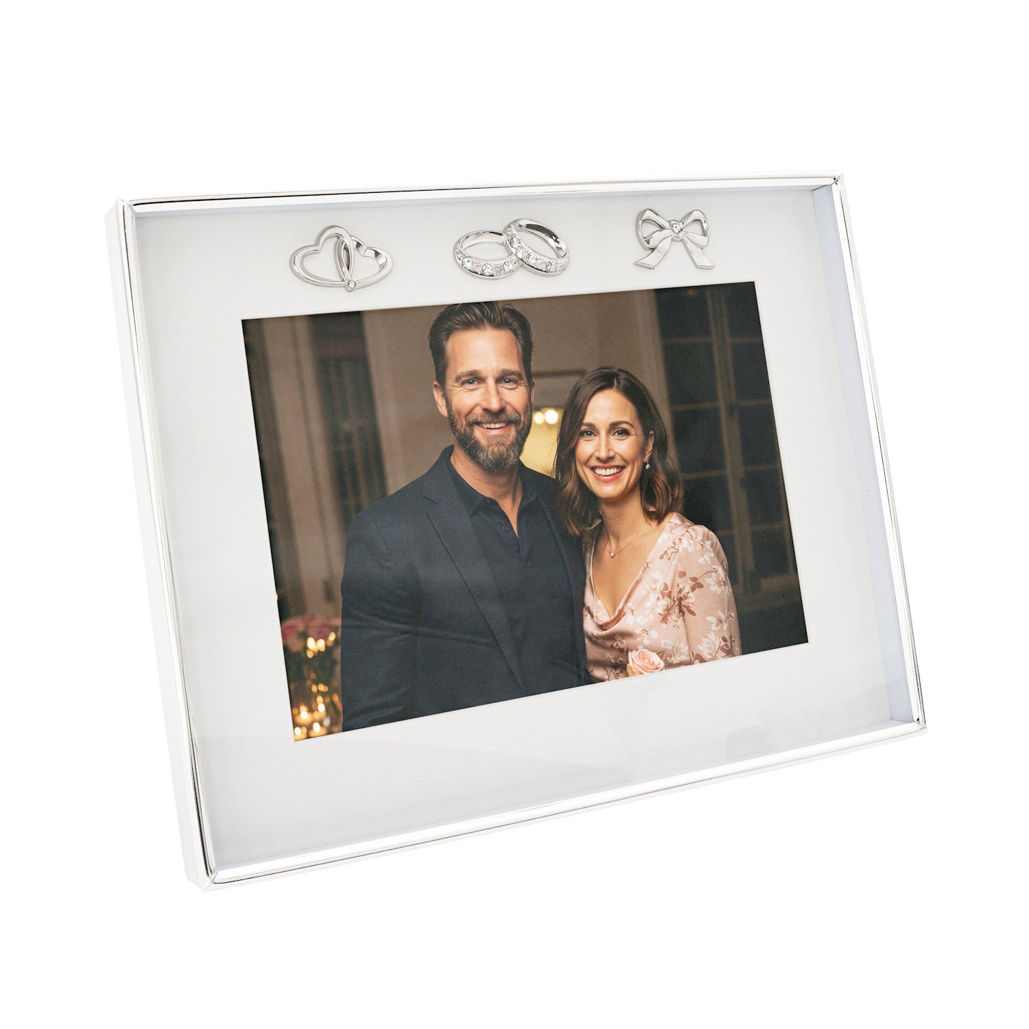 Modern Wedding Picture Frame in Silver Plating with Rings and Hearts Image 2