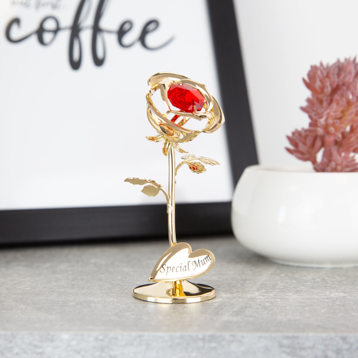 Special Mum Heart Gold Plated Petite Rose Ornament with Red Austrian Crystal Image 3
