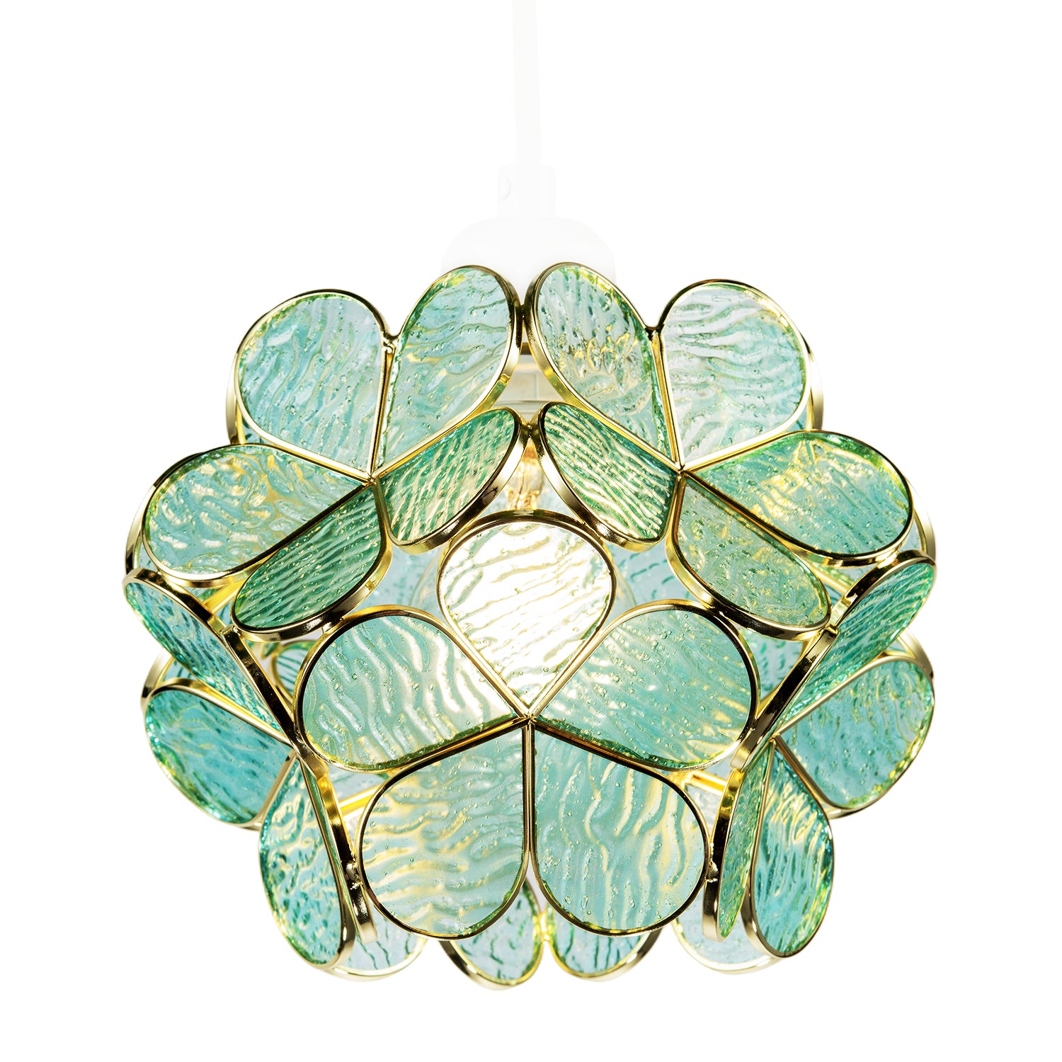 Floral Petal Pendant Light Shade with Teal Glass and Shiny Gold Frame Image 2