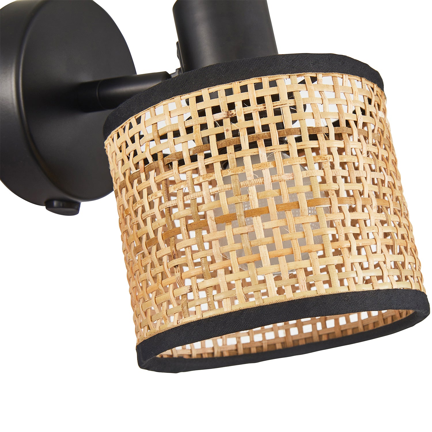 Natural Woven Rattan Switched Wall Light Fitting with Black Cotton Fabric Trim Image 5
