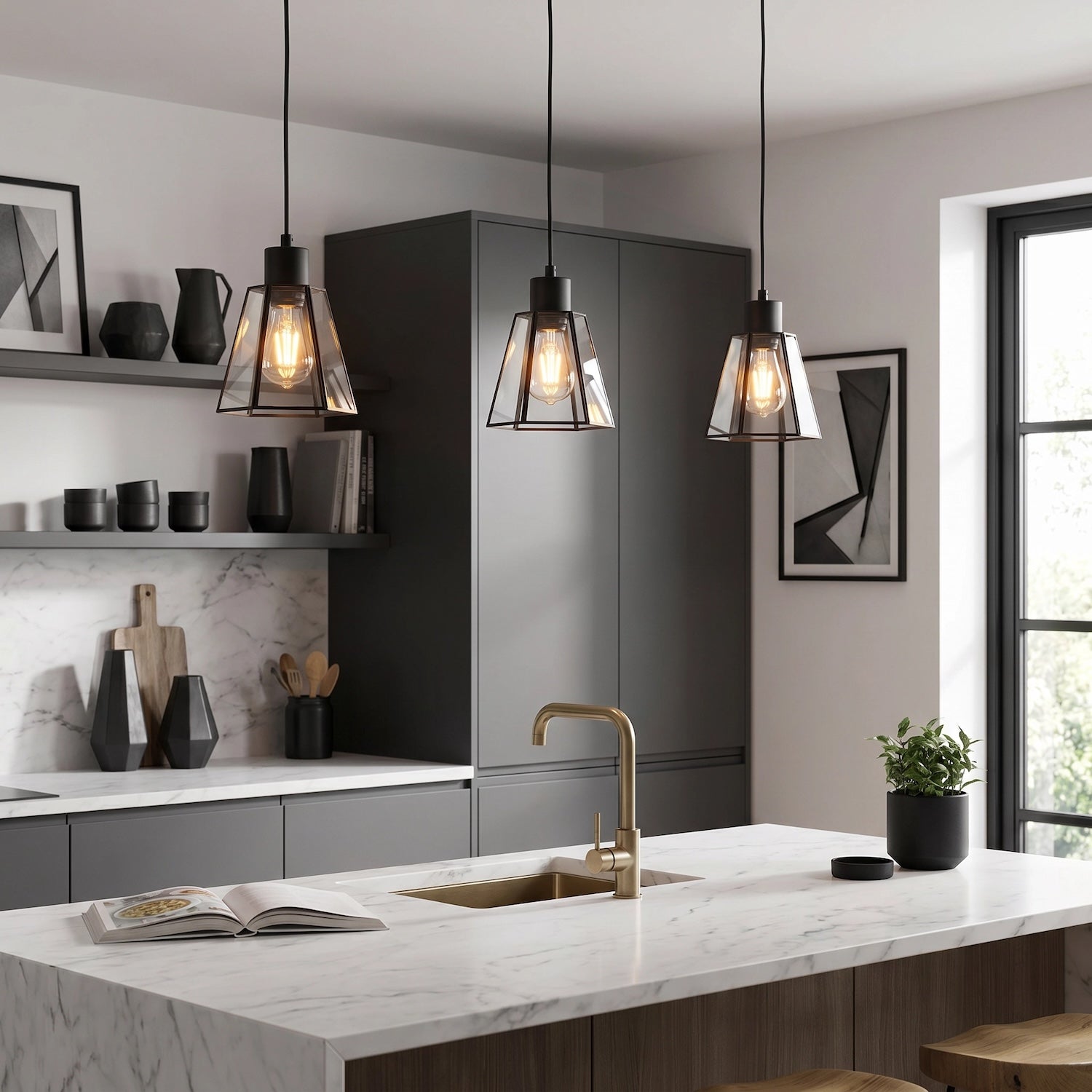 Industrial Lantern Pendant Lamp Shade in Matte Black with Clear Glass Image 6