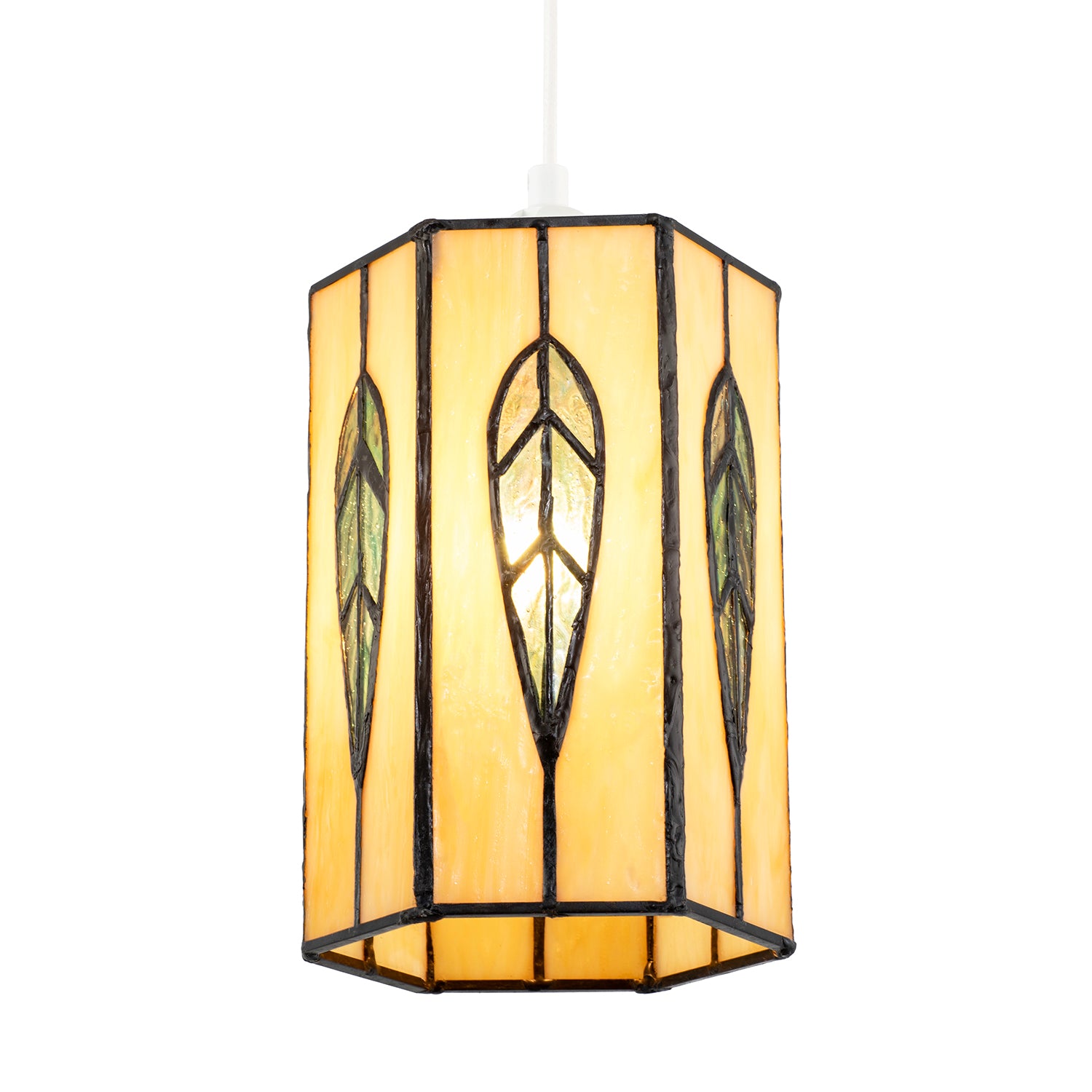 Hexagonal Tiffany Pendant Light Shade with Emerald Green Leaf Decor Image 2