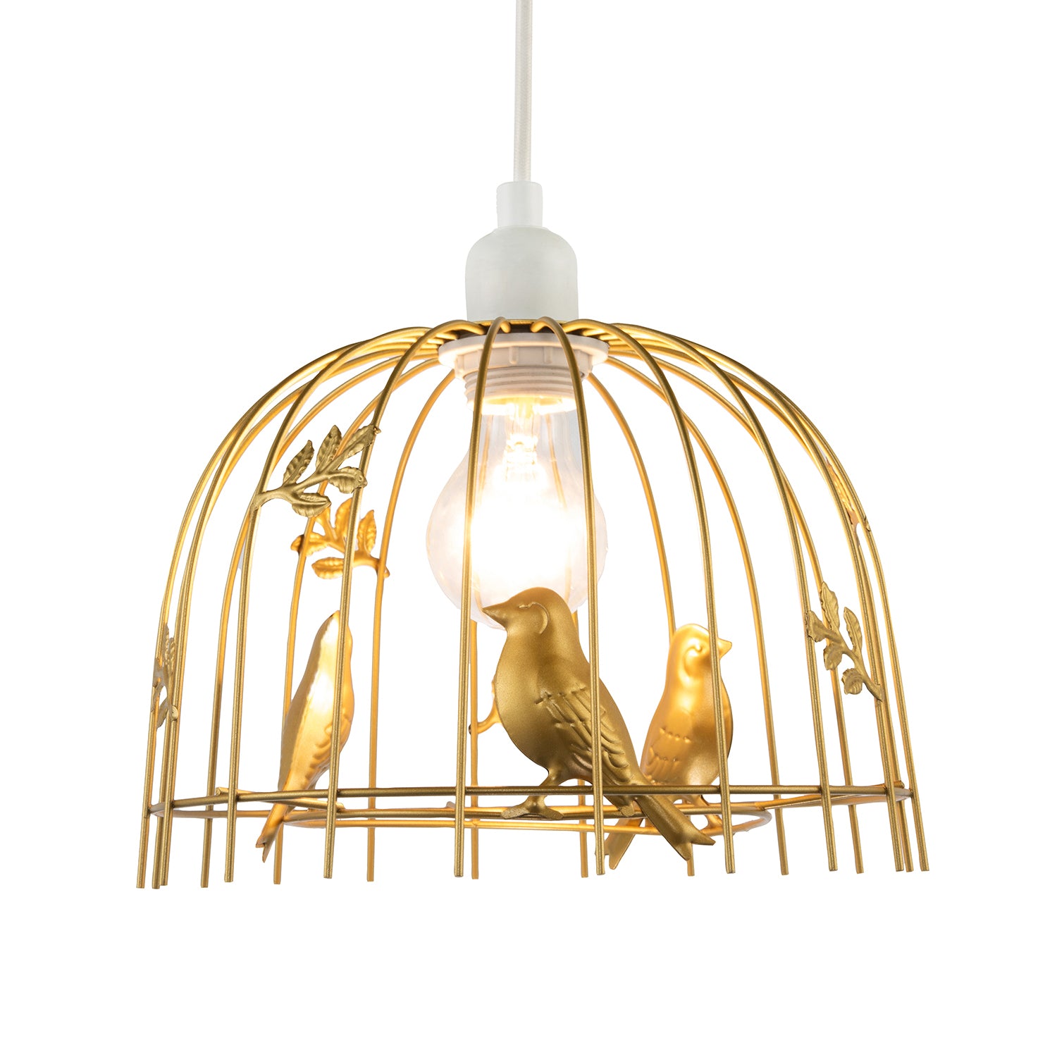 Chic Birdcage Pendant Shade in Satin Gold Metal with Birds and Leaves Image 2