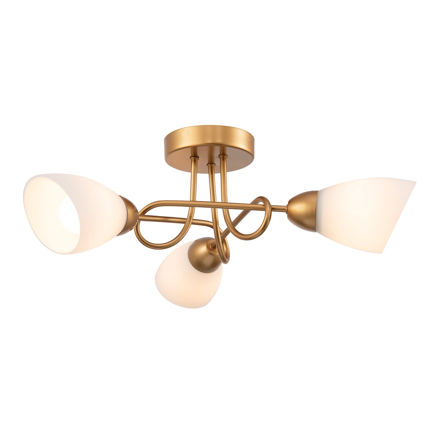 Modern Satin Gold Ceiling Light Fitting with Curling Arms and Opal Glass Shades Image 1