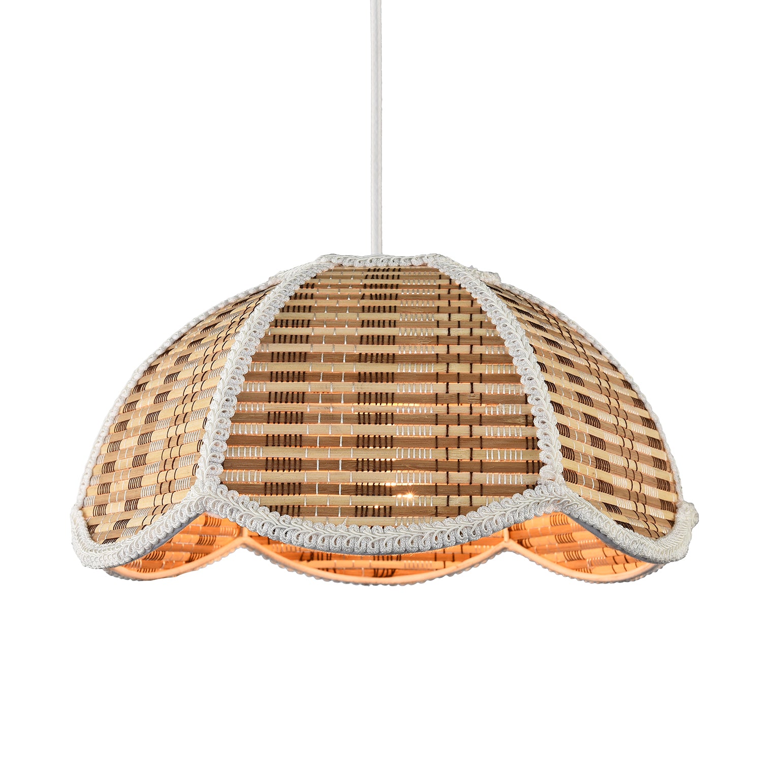 Vintage Victorian Rattan Pendant Shade with White Embroidered Trim Image 1