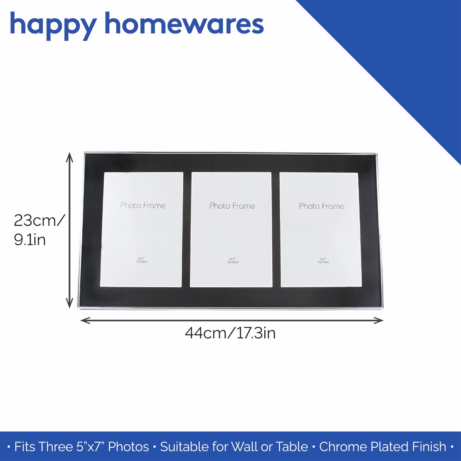 Black Gloss and Chrome Plated Metal Triple Collage Photo Frame for Wall or Table Image 6