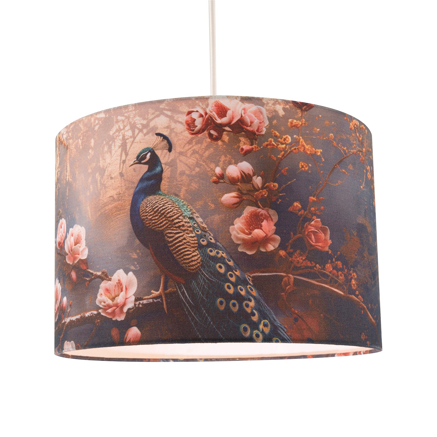 Dark and Moody Peacock Design Linen Fabric Lamp Shade with Pink Roses Image 2