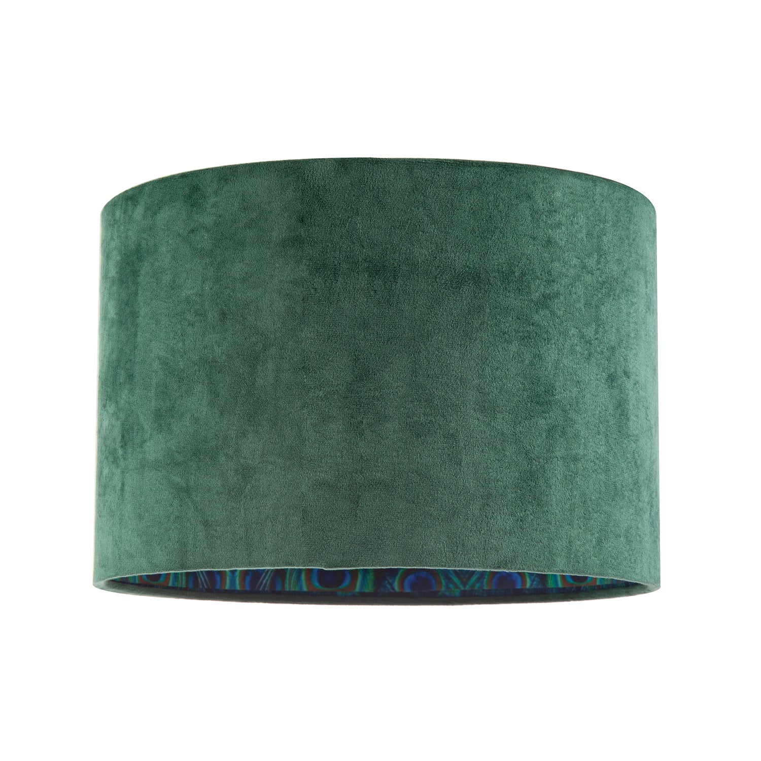 Forest Green Velvet Lamp Shade with Colourful Peacock Feather Inner Image 1