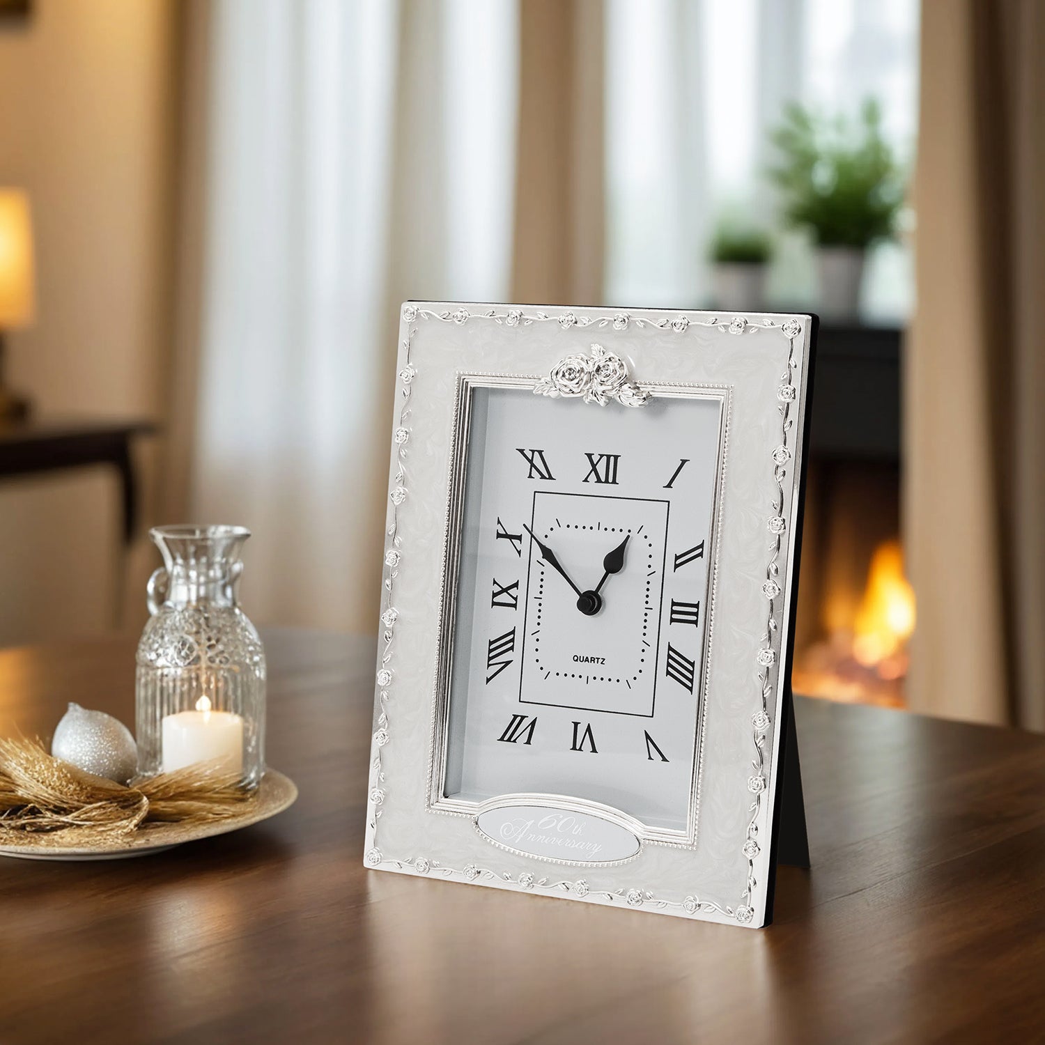 60th Anniversary Clock in White Epoxy with Silver Plated Metal Roses Image 7