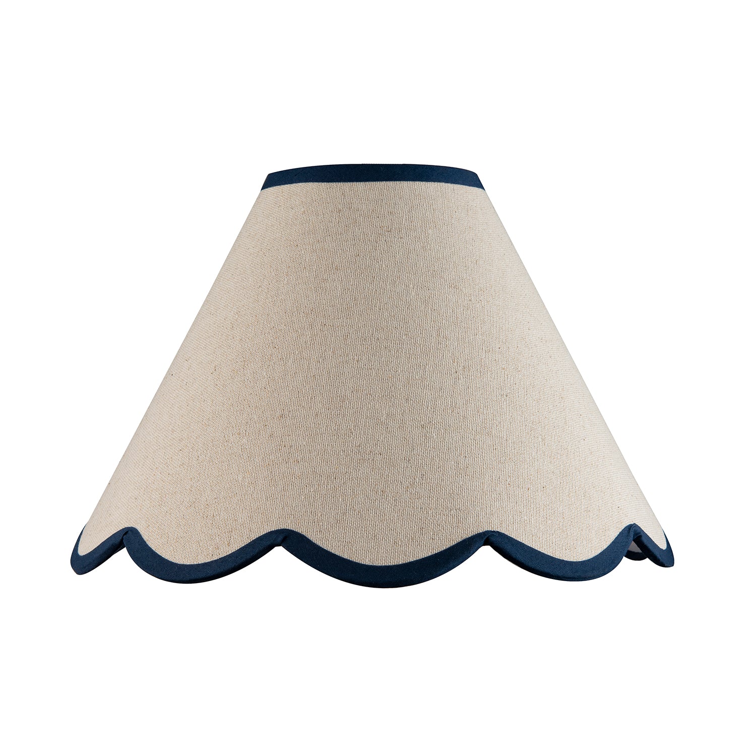 Scallop Edge Natural Textured Linen Coolie Lamp Shade with Navy Trims Image 1