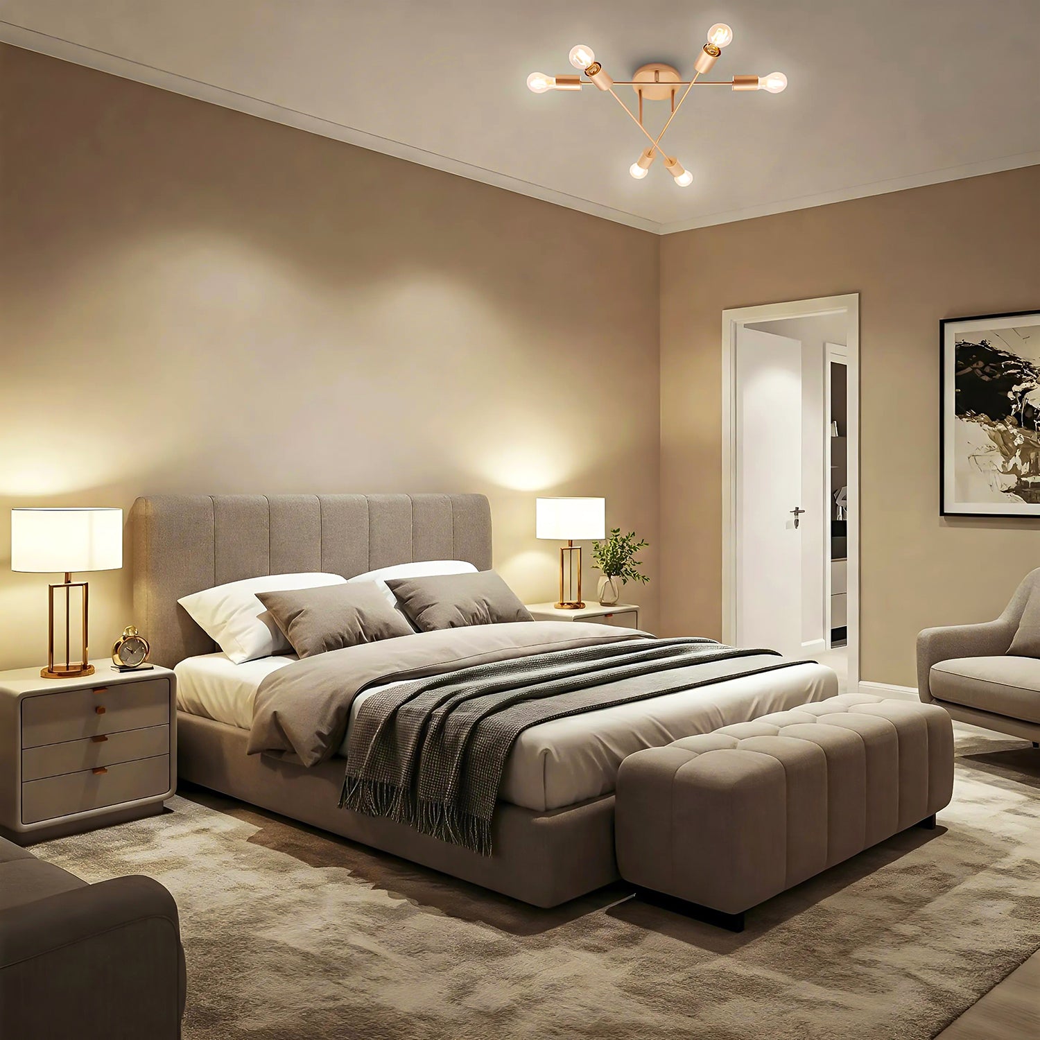 Industrial Designer Styled Satin Gold Ceiling Light with Straight Metal Arms Image 7