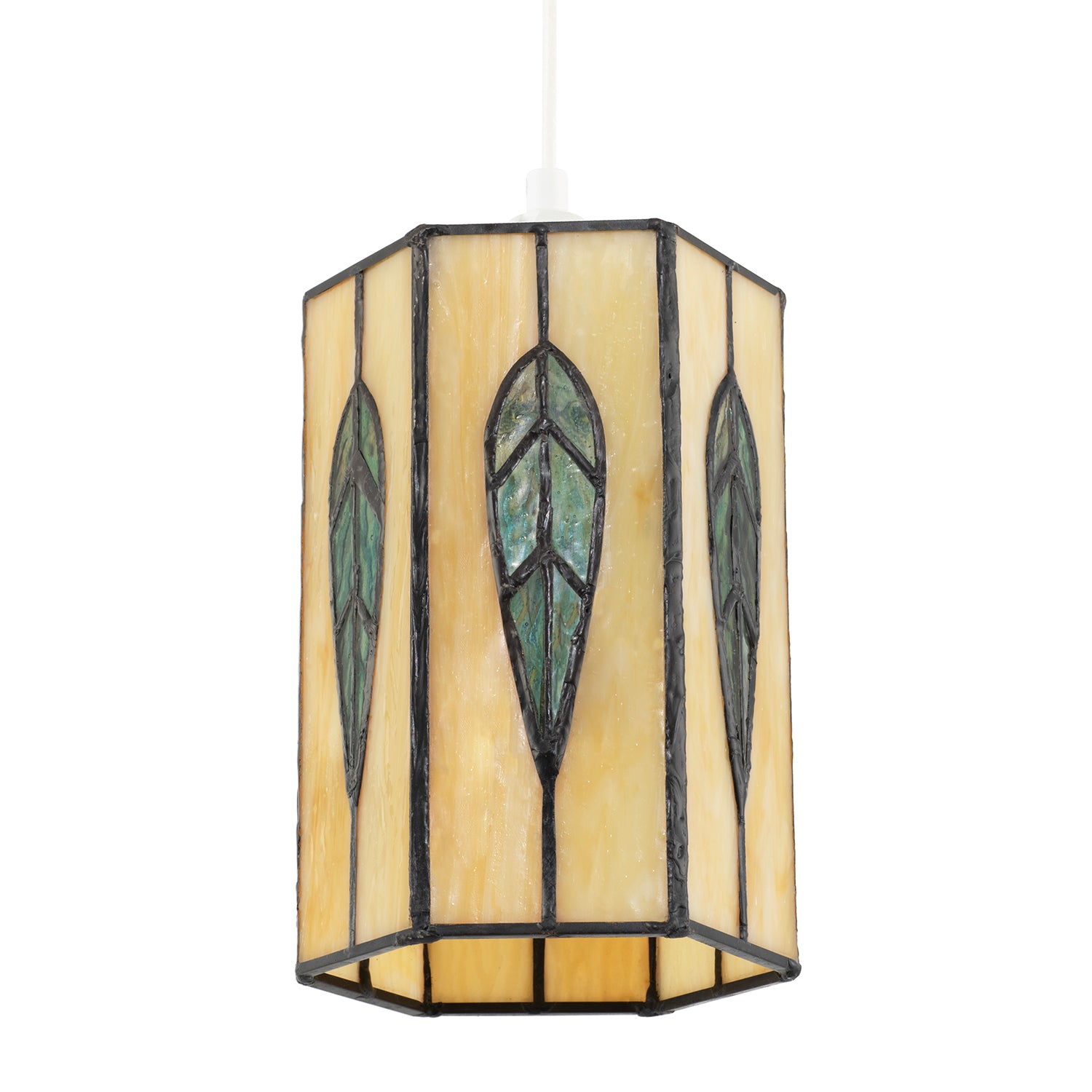 Hexagonal Tiffany Pendant Light Shade with Emerald Green Leaf Decor Image 1