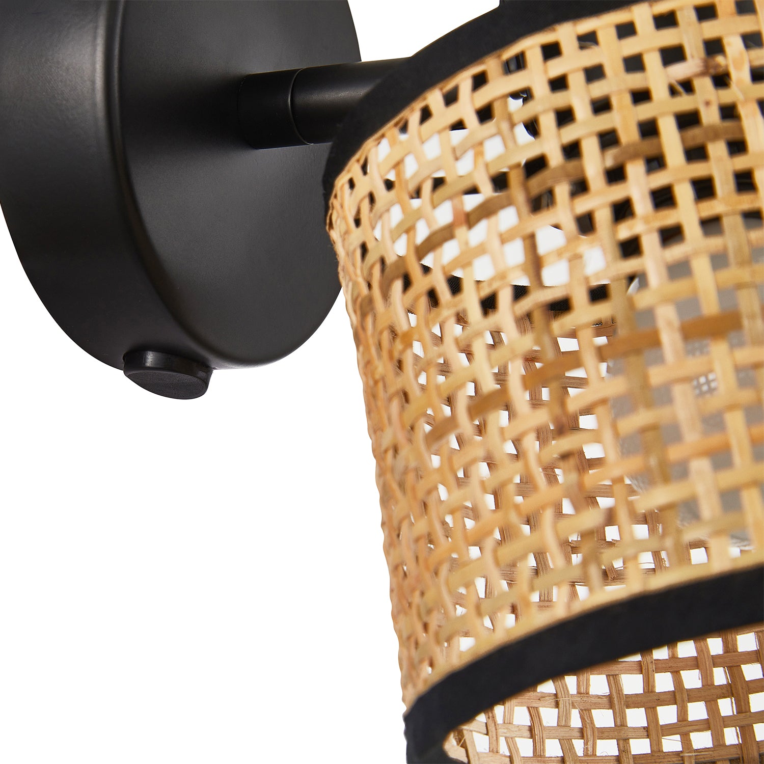 Natural Woven Rattan Switched Wall Light Fitting with Black Cotton Fabric Trim Image 4