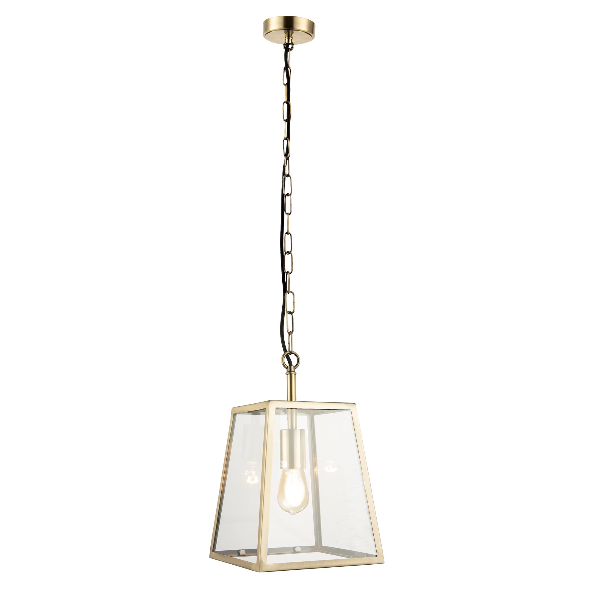 Classic Lantern Pendant Light in Antique Brass with Clear Glass Sides Image 2